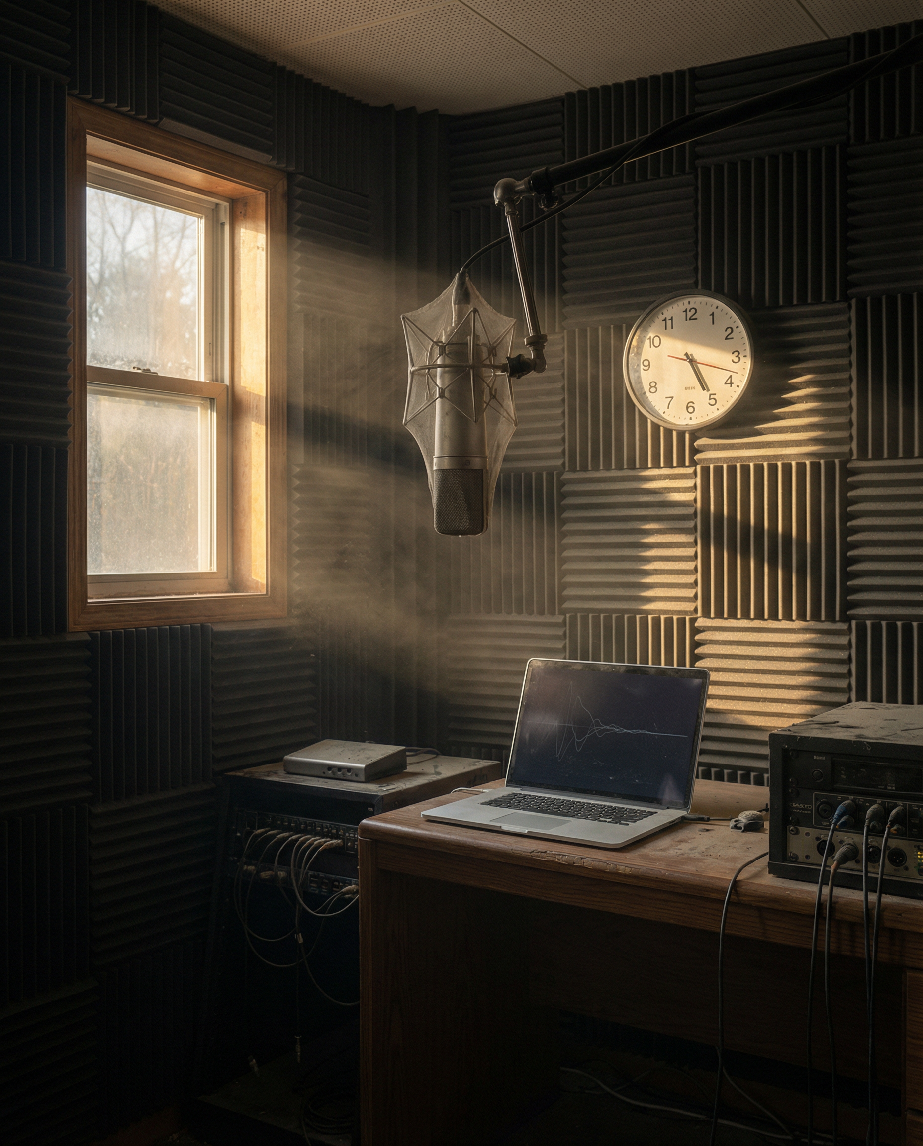 Photorealistic editorial photograph: wide shot of empty professional recording booth with soundproof foam walls, expensive condenser microphone hanging unused, closed laptop on desk displaying wavefor