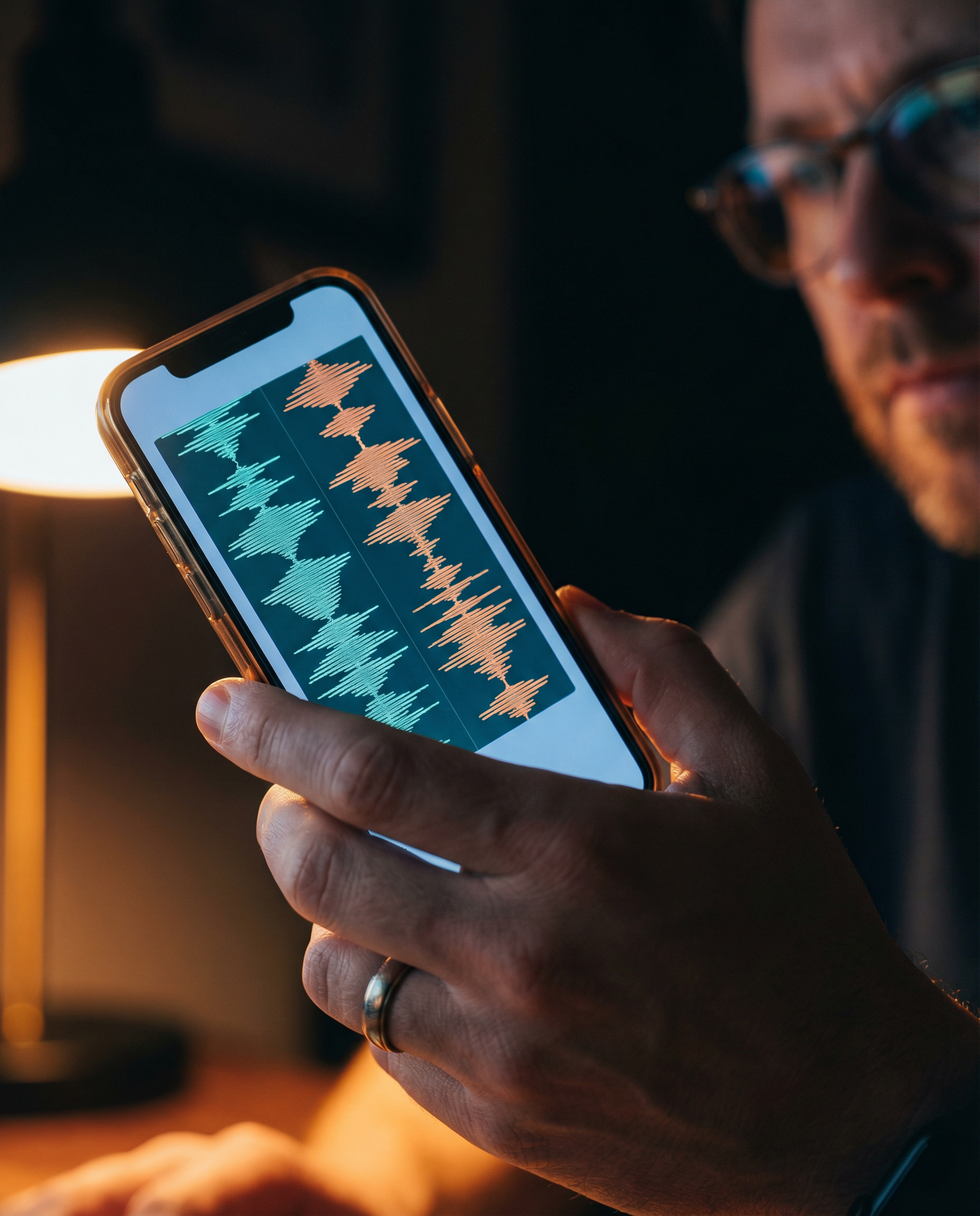 Photorealistic editorial photograph: intimate close-up of smartphone screen displaying audio waveform with two distinct voice patterns in conversation format, person's hand holding device in dimly lit