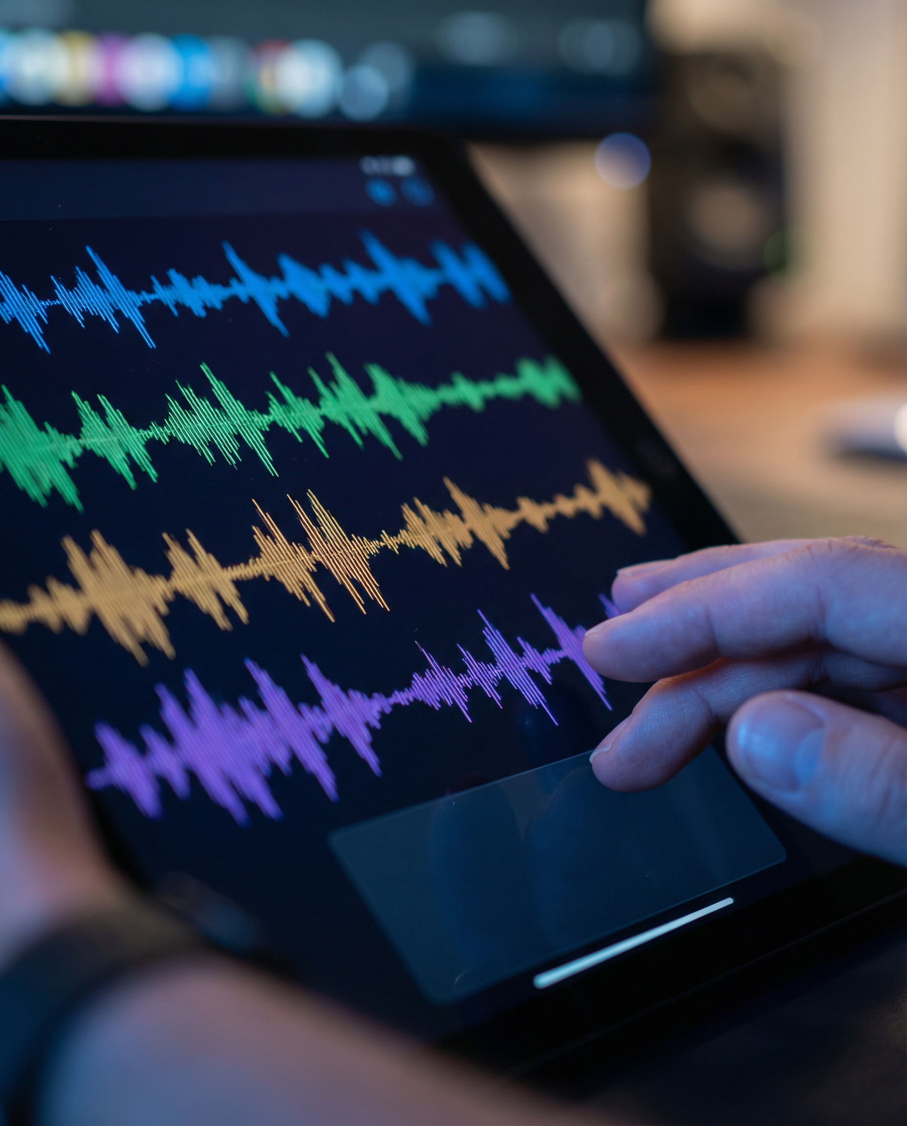 Photorealistic editorial photograph: extreme close-up of waveform visualization flowing across dark screen interface, four distinct colored audio tracks layered vertically showing AI-generated multi-s