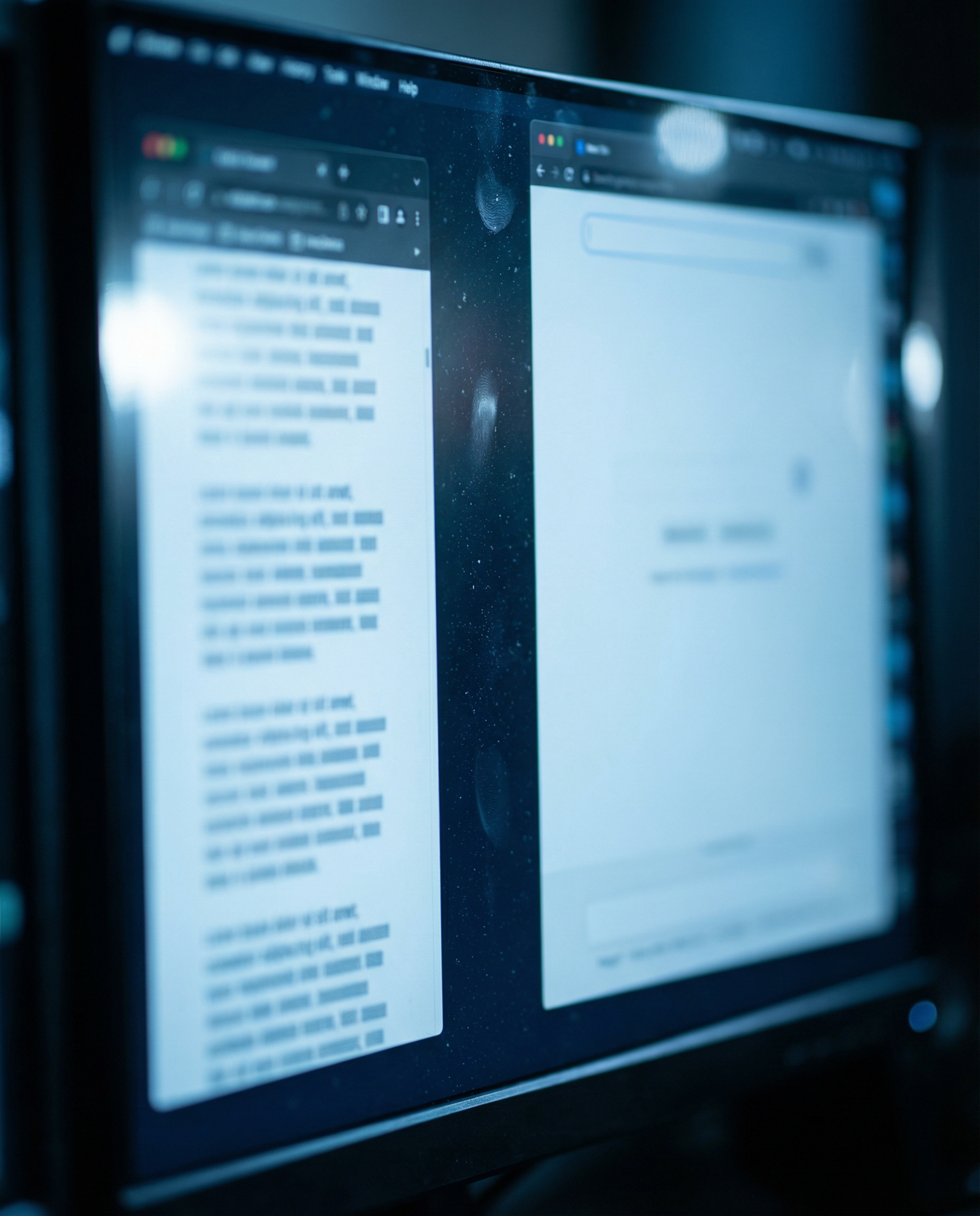 Photorealistic editorial photograph: extreme close-up macro shot of computer screen displaying two browser windows side by side, left window shows generic repetitive AI-generated text with identical p