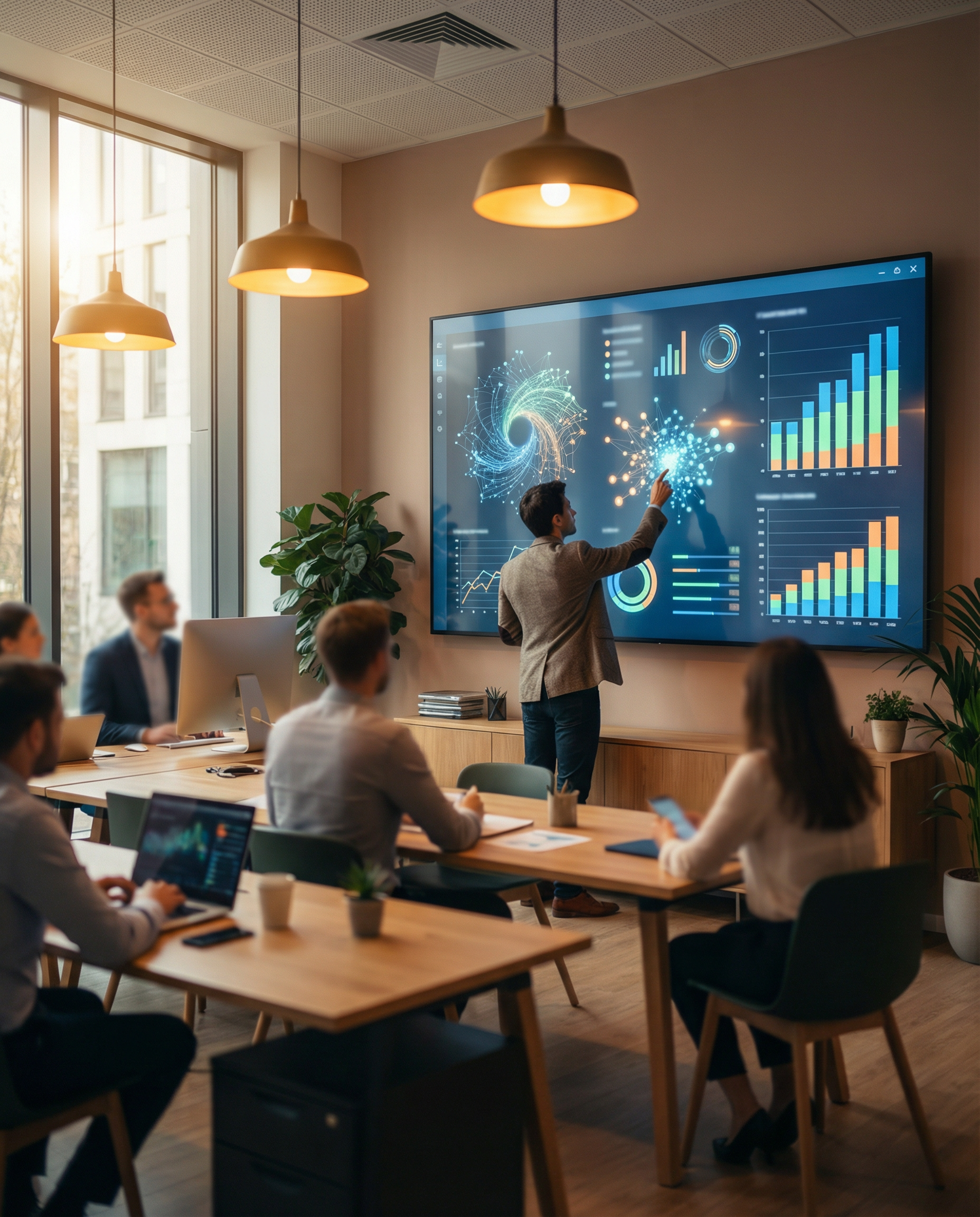 Photorealistic editorial photograph: wide establishing shot of modern office workspace with large wall-mounted monitor displaying unique proprietary data charts and custom research graphs that don't e