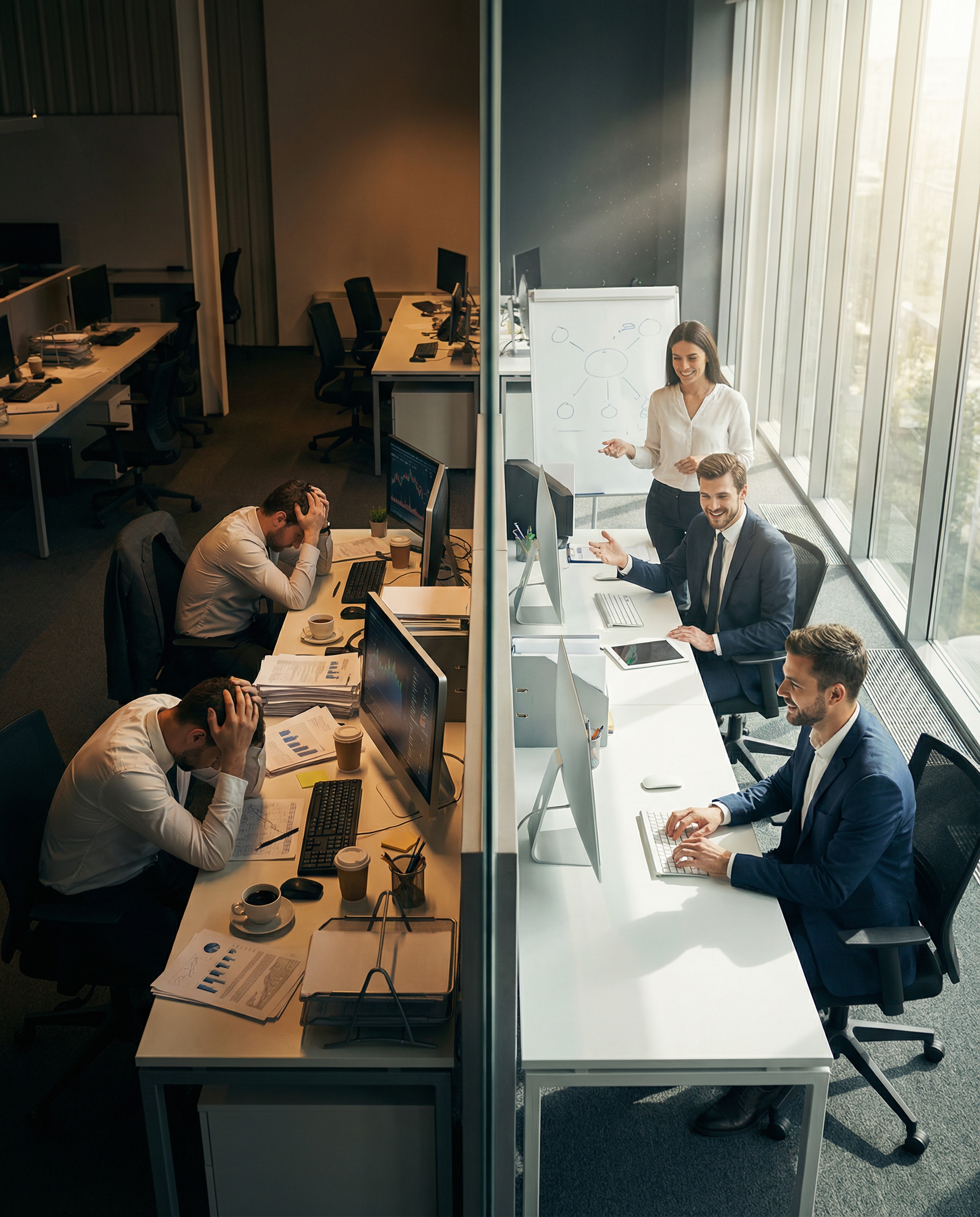 Photorealistic editorial photograph: wide establishing shot of modern marketing office showing dramatic before-after split down the center, left side shows stressed team buried under two articles per