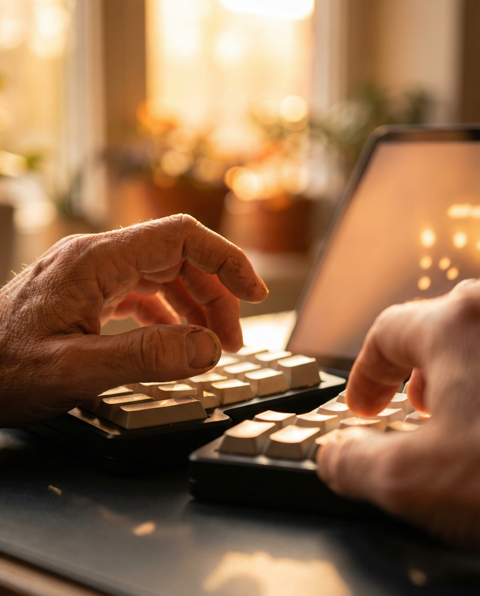 Photorealistic editorial photograph: extreme close-up of two hands typing simultaneously on split keyboard, left hand making natural flowing gestures while right hand precisely edits AI-generated text