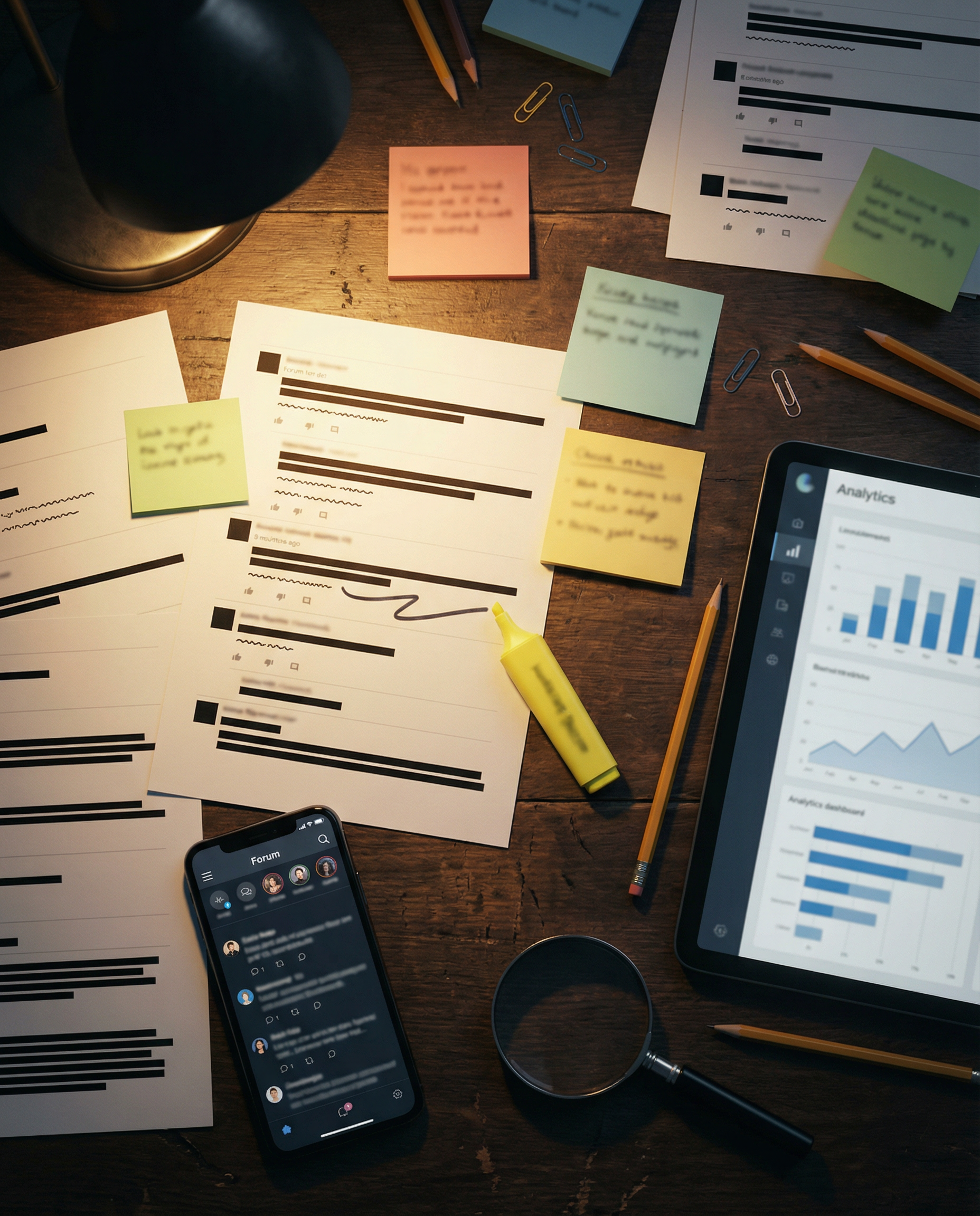 Photorealistic editorial photograph: overhead flat-lay of social media forum printouts and sticky notes scattered across dark wooden desk, highlighter marking specific customer questions and phrases,