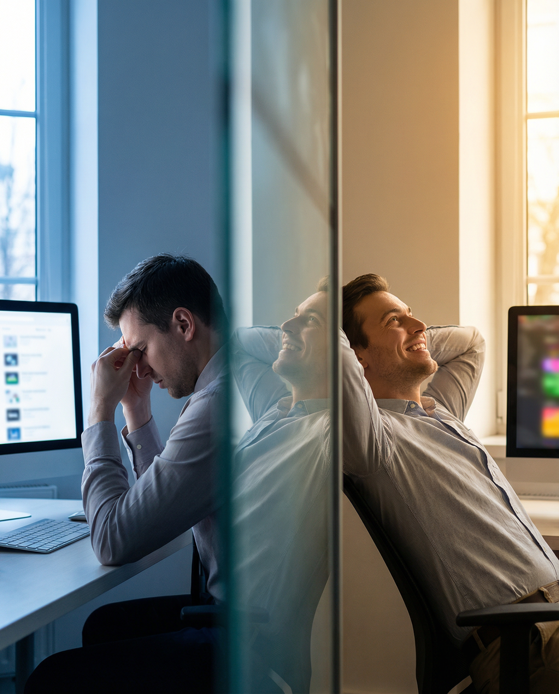 Photorealistic editorial photograph: split-screen tension moment showing two marketing professionals side by side in adjacent office spaces separated by glass partition, left person looks frustrated s