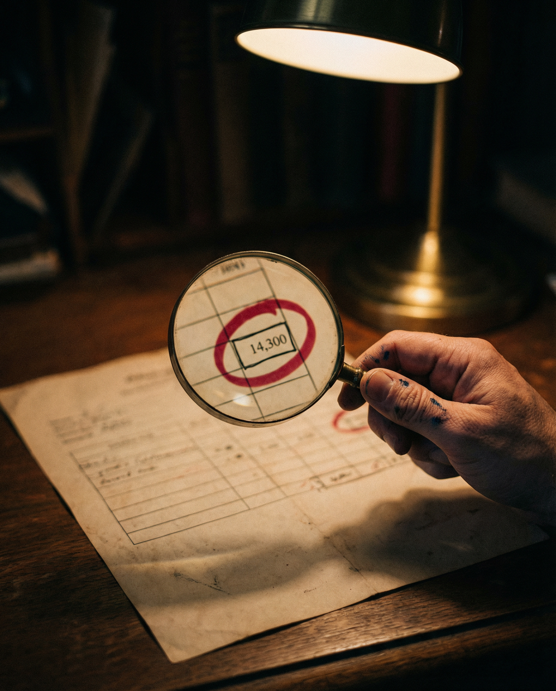 Photorealistic editorial photograph: dramatic close-up of single hand holding magnifying glass examining small printed spreadsheet cell with tiny search volume number but circled in red marker indicat