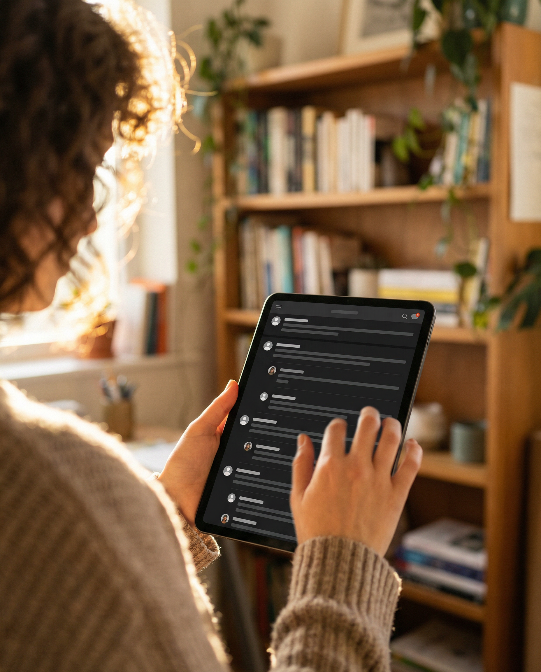 Photorealistic editorial photograph: intimate over-the-shoulder shot of person scrolling through authentic social media forum on tablet device in cozy home office setting, screen shows real customer q