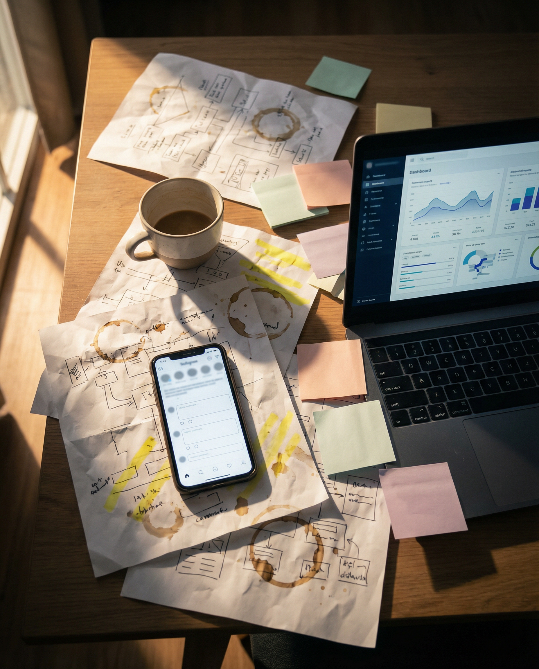 Photorealistic editorial photograph: overhead flat lay of cluttered marketing strategist desk covered with printed keyword research sheets, yellow highlighter marks on paper, smartphone displaying for