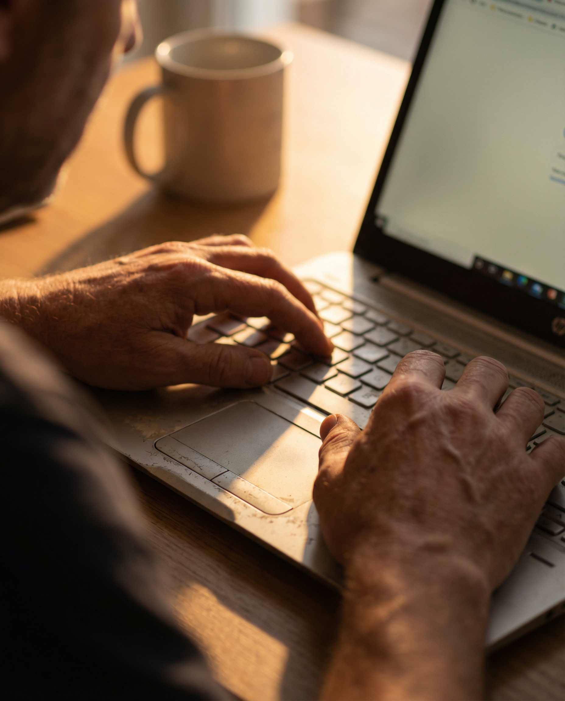 Photorealistic editorial photograph: close-up of hands typing elaborate long-tail search query on laptop keyboard, screen glowing with search results showing ultra-specific four-plus-word phrases, sha