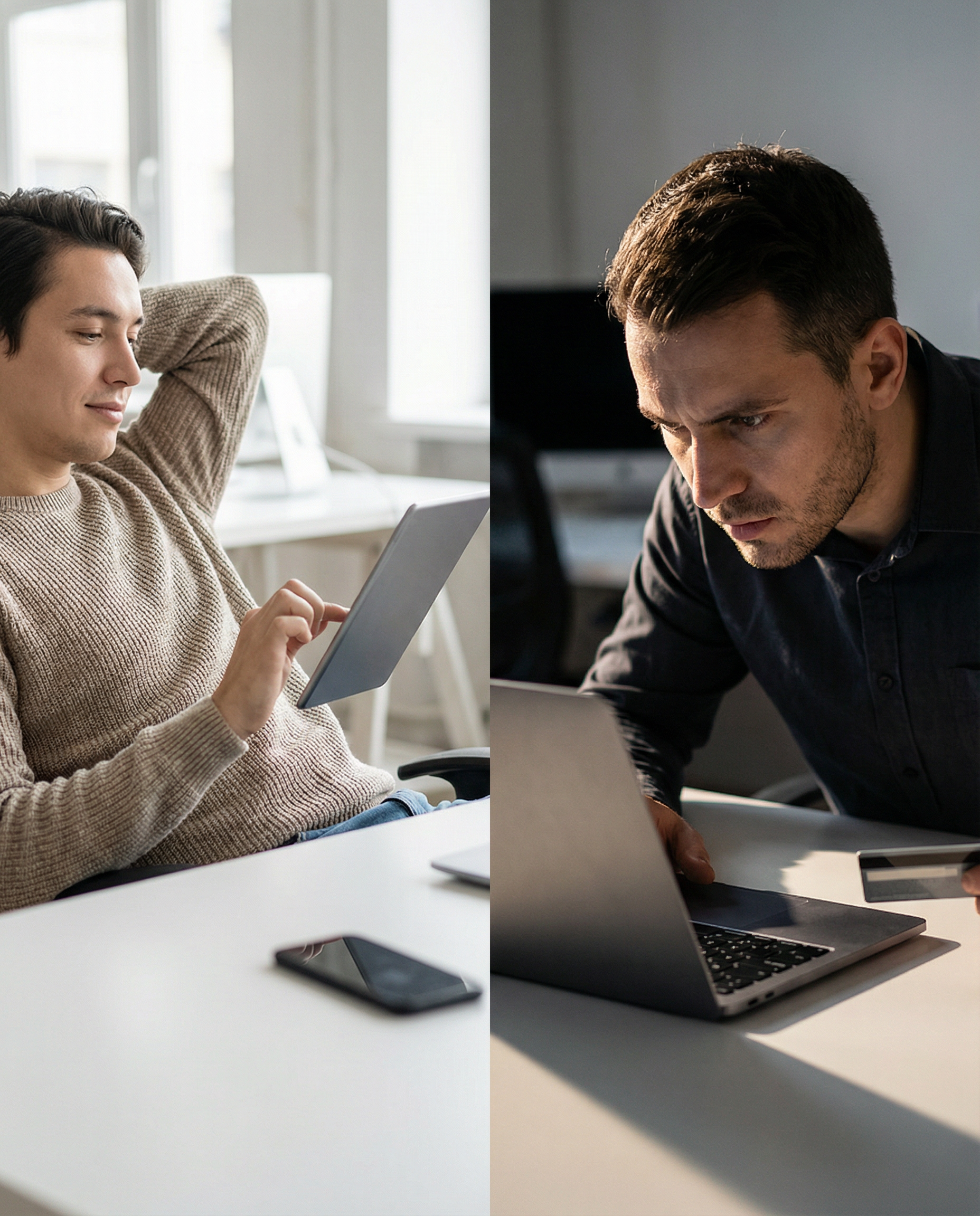Photorealistic editorial photograph: split-scene comparison showing two different searchers at desks, left side person casually browsing on tablet with relaxed posture in soft diffused light, right si