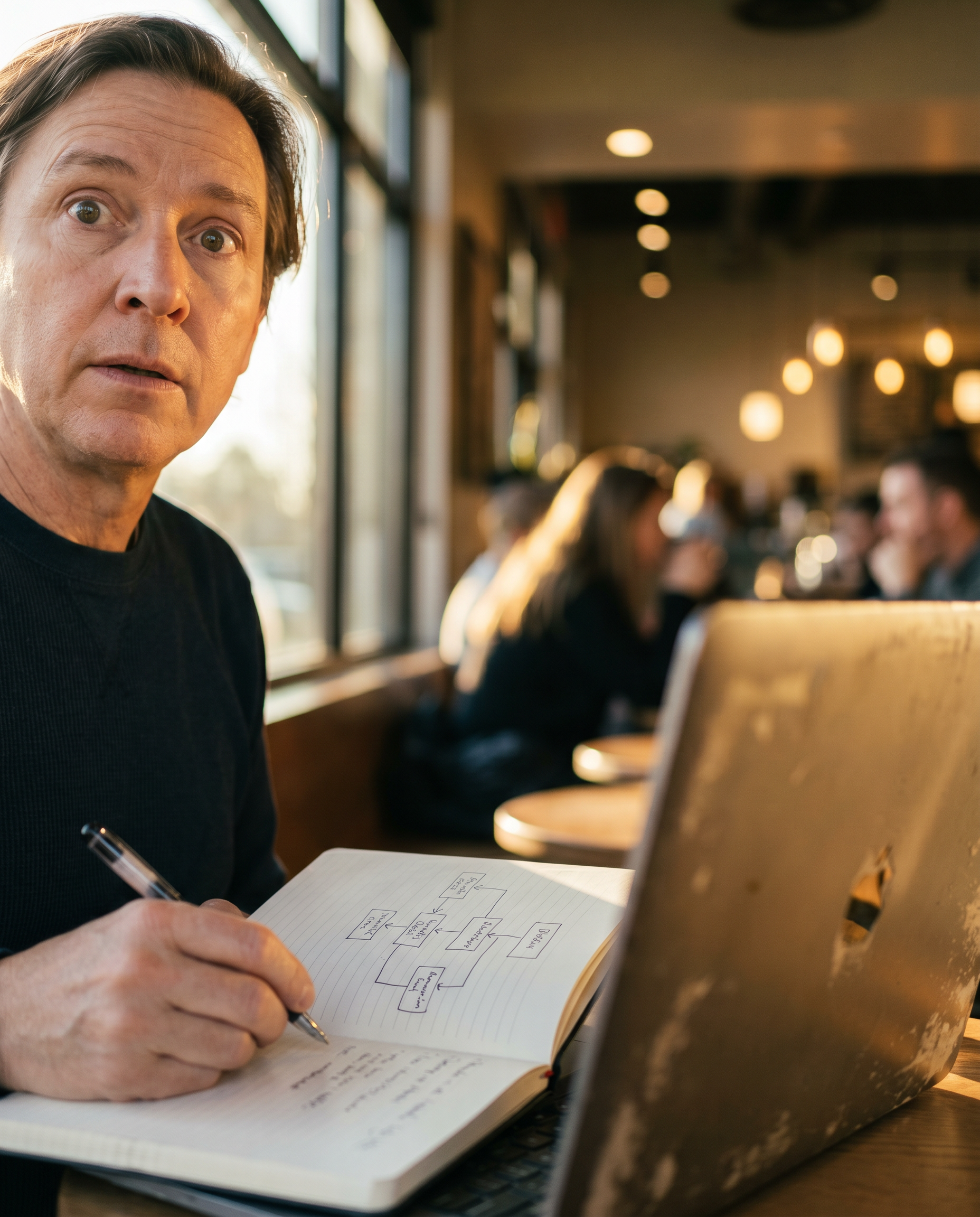 Photorealistic editorial photograph: intimate human moment close-up of a small business owner sitting across a café table from a laptop, their expression shifting from confusion to quiet realization —