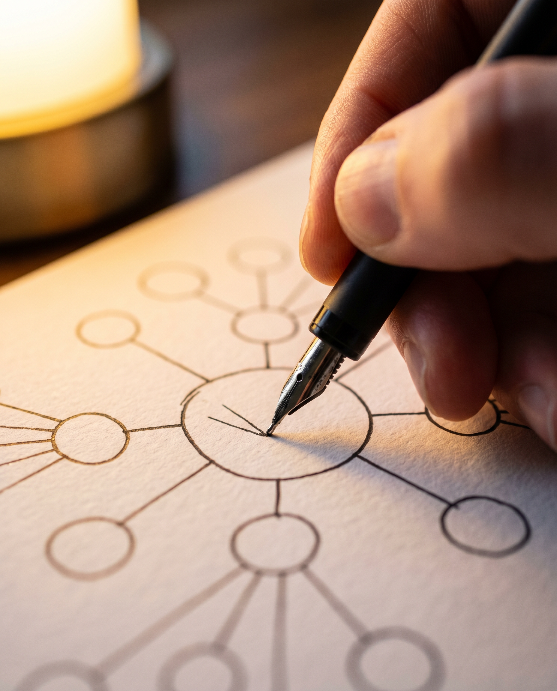 Photorealistic editorial photograph: extreme close-up macro shot of a human hand drawing a detailed spider diagram on white paper with a black pen, the diagram mapping interconnected pain points radia