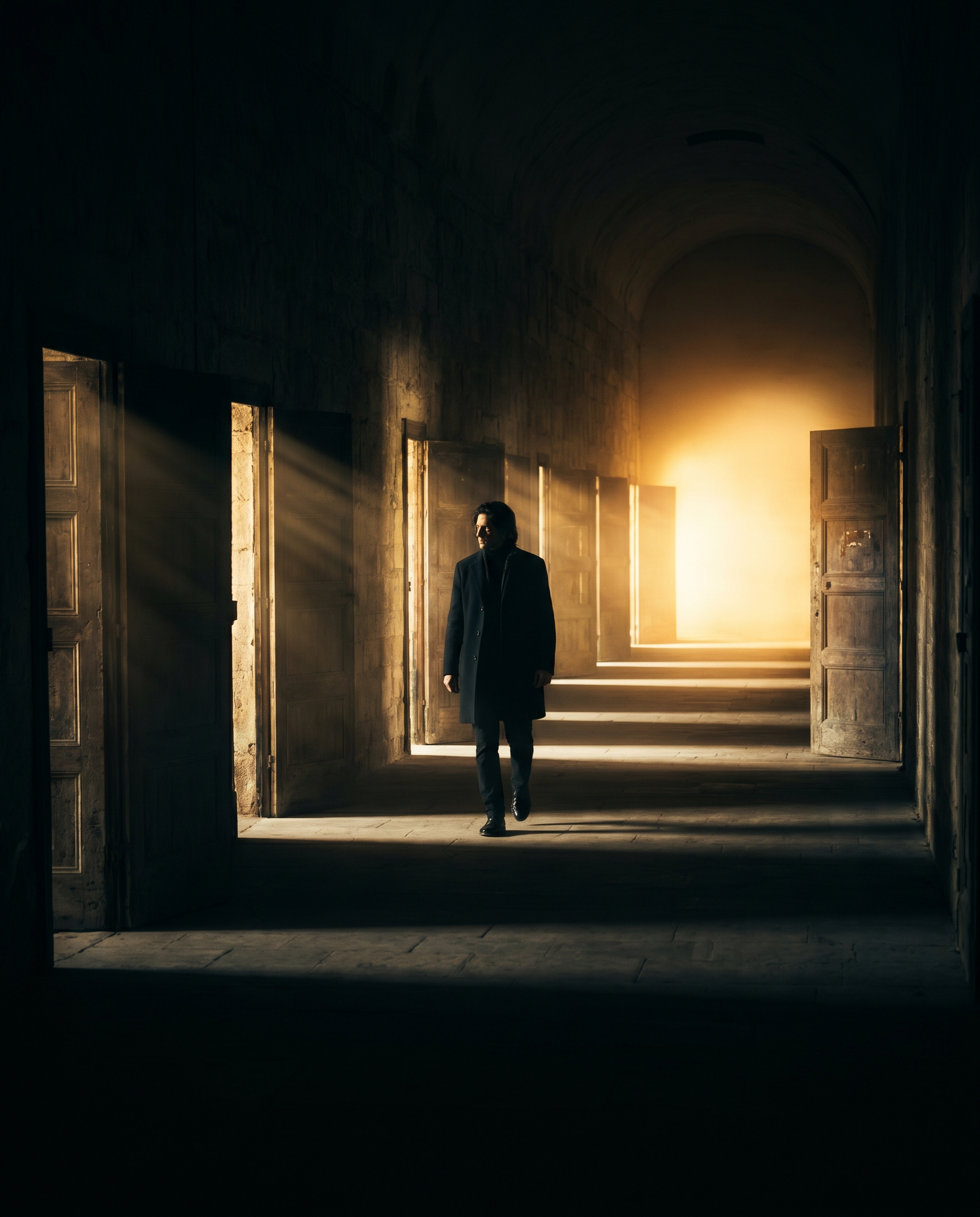 Photorealistic editorial photograph: cinematic wide establishing shot of a long dark corridor with doors on each side representing funnel stages, the far end glowing with warm golden light, a lone fig