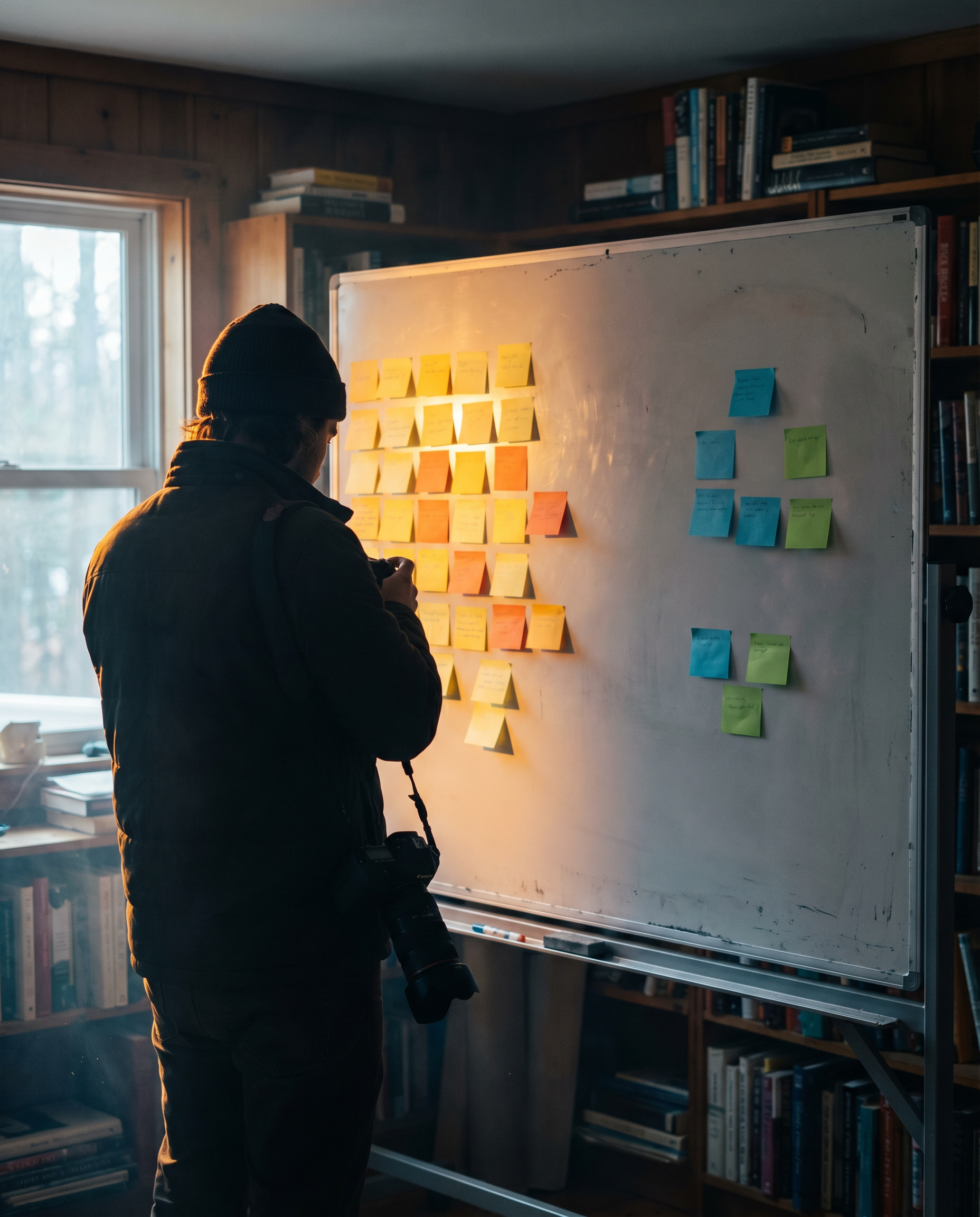 Photorealistic editorial photograph: over-the-shoulder low angle shot of a strategist standing before a large physical whiteboard covered in sticky notes arranged in two distinct clusters — a large gl
