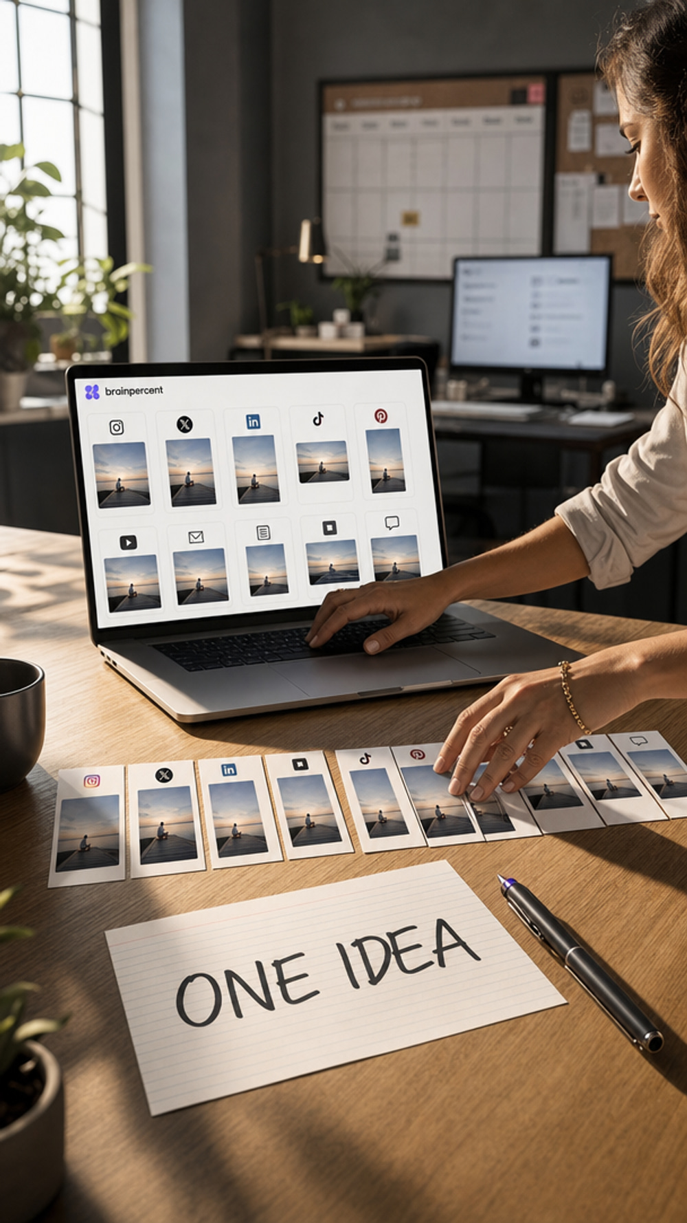 Turn one idea into a full week of on-brand social content across 10 channels with Brainpercent.