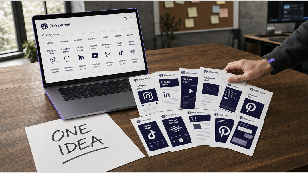 ONE IDEA, TEN CHANNELS: feed it once, get a full week of on-brand content everywhere.