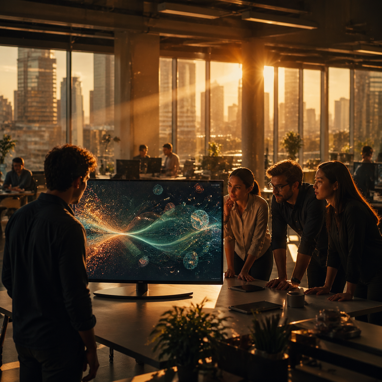 Photorealistic editorial photograph: wide establishing shot of a modern open-plan marketing office at golden hour, warm amber light flooding through floor-to-ceiling windows, a lone figure standing at