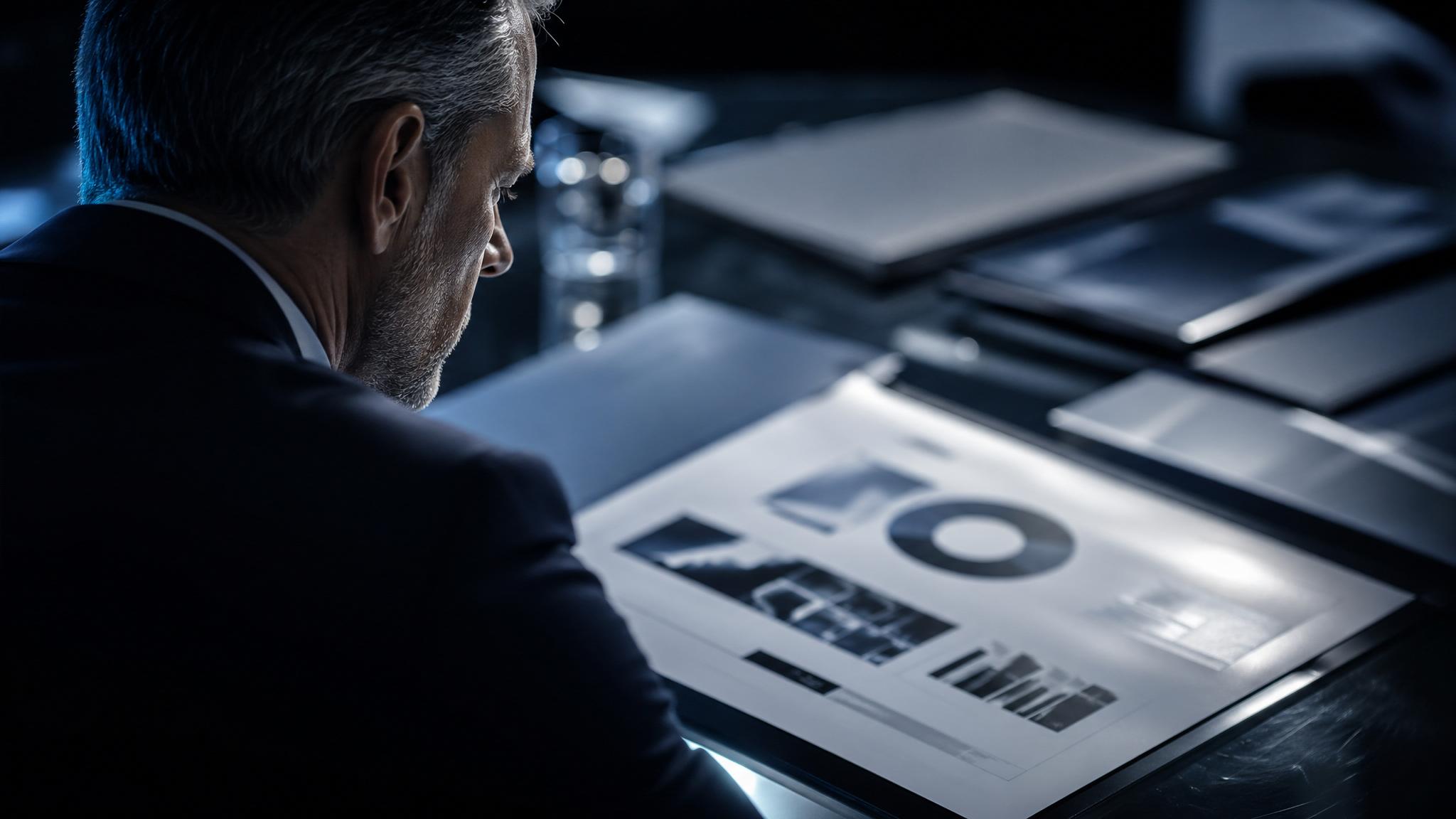 Photorealistic editorial photograph: over-the-shoulder tight shot of a marketing director studying a printed presentation slide laid flat on a glass conference table, competing brand materials spread