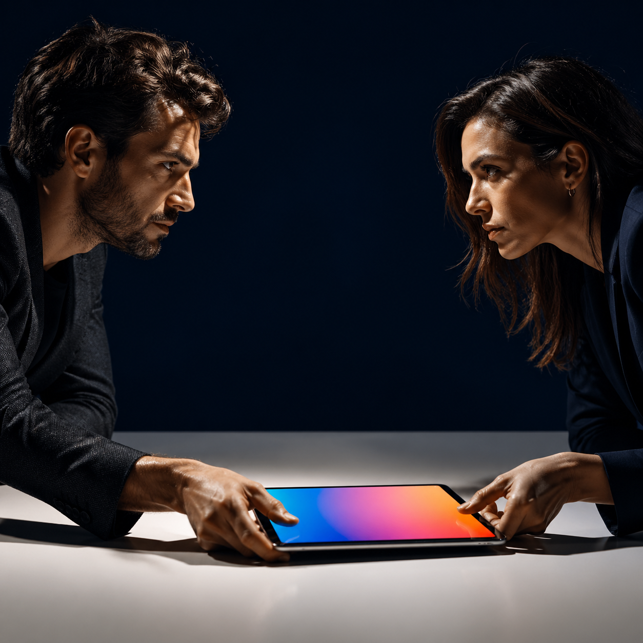 Photorealistic editorial photograph: low-angle dramatic shot of two marketers facing each other across a minimalist white desk, one sliding a tablet toward the other displaying a vibrant visual asset,