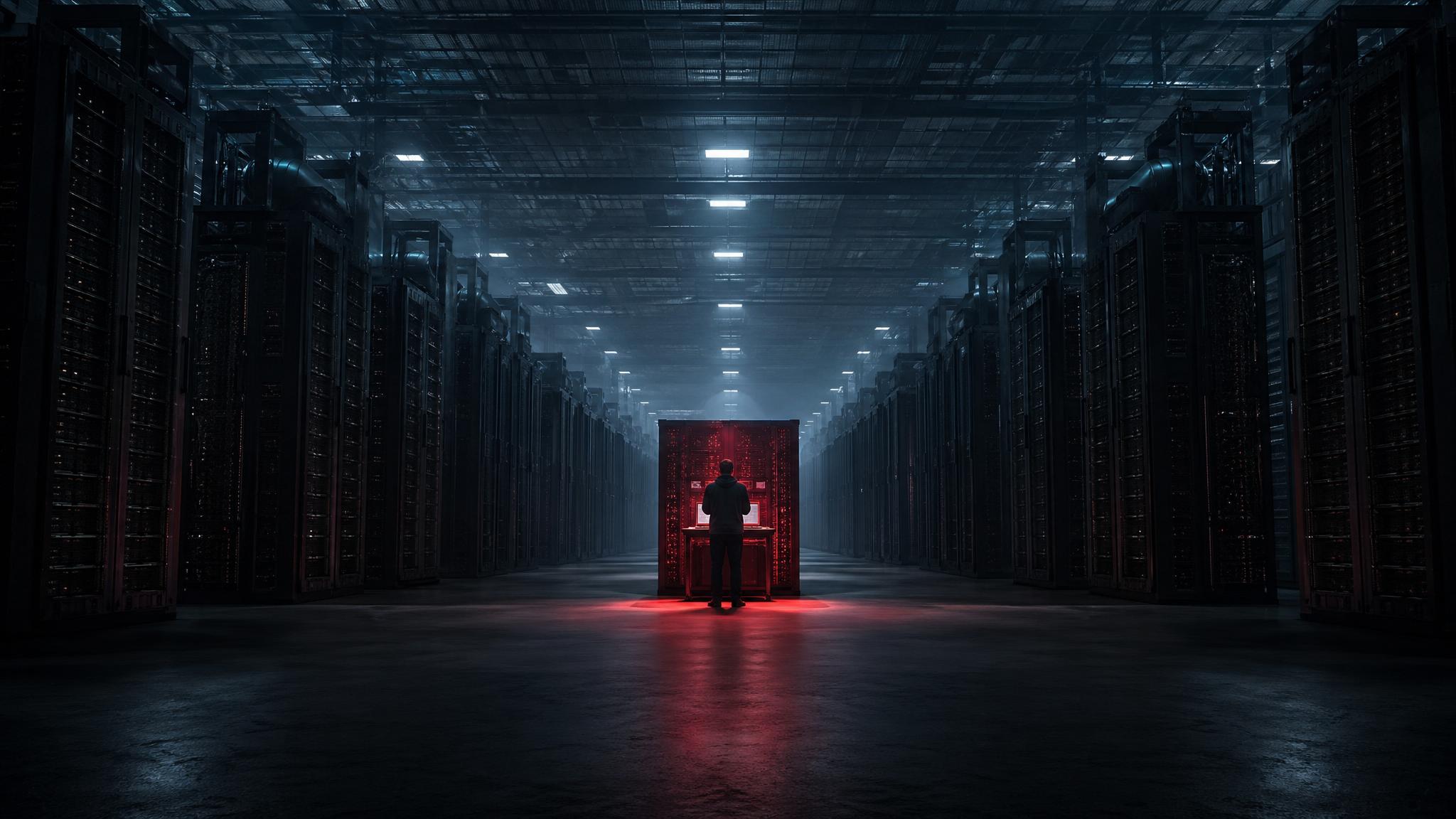 Photorealistic editorial photograph: wide establishing shot inside a massive corporate data center, rows of black server racks stretching to infinity under cold fluorescent overheads suddenly interrup