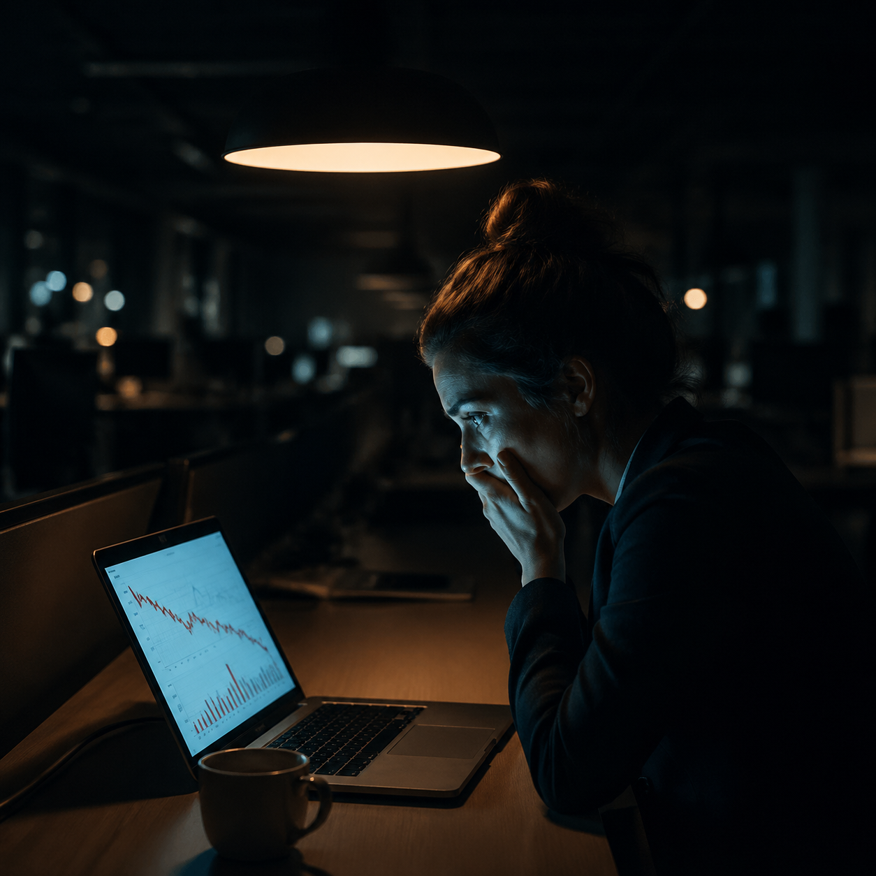 Photorealistic editorial photograph: over-the-shoulder human moment — a digital marketing manager in a dark open-plan office, face lit entirely by a laptop screen showing collapsing campaign analytics