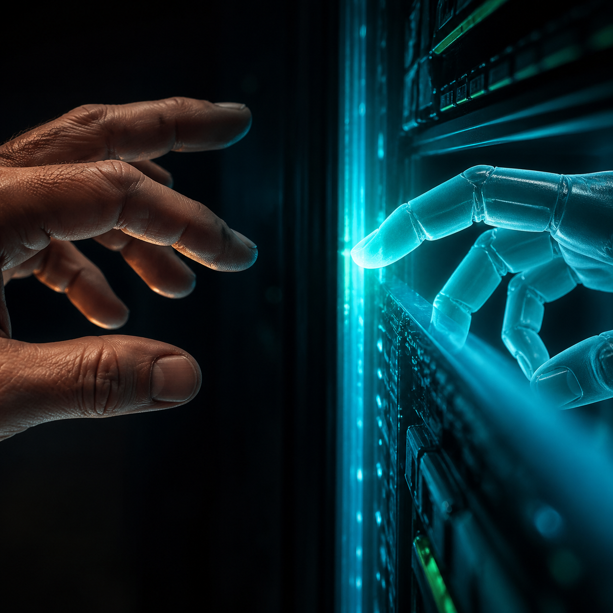 Photorealistic editorial photograph: dramatic close-up of two hands — one human, one implied robotic or AI-rendered translucent — both reaching toward the same glowing network firewall switch panel mo