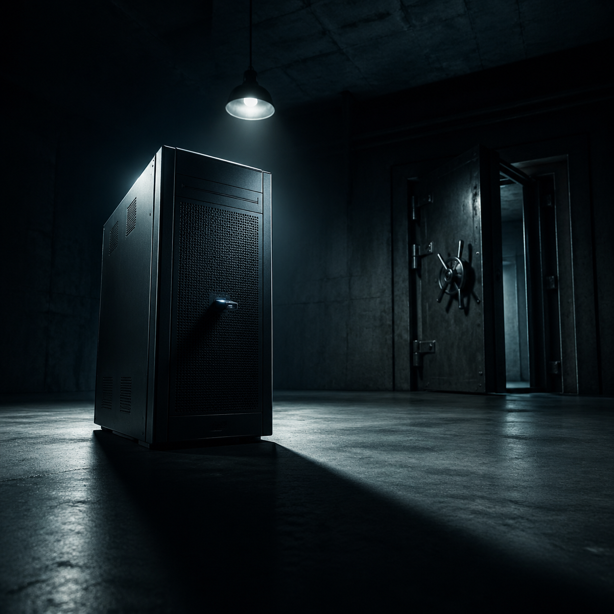 Photorealistic editorial photograph: low-angle wide shot of a solitary server tower standing on a bare concrete floor inside a sealed vault room, heavy steel door ajar in background, zero network cabl