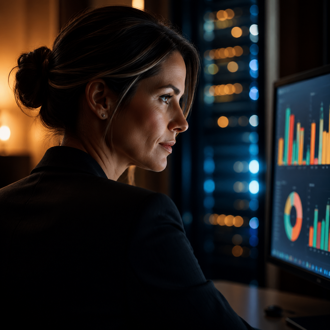 Photorealistic editorial photograph: over-the-shoulder human moment — a focused female marketing director in her late thirties studies a glowing monitor displaying colorful campaign data charts, her e