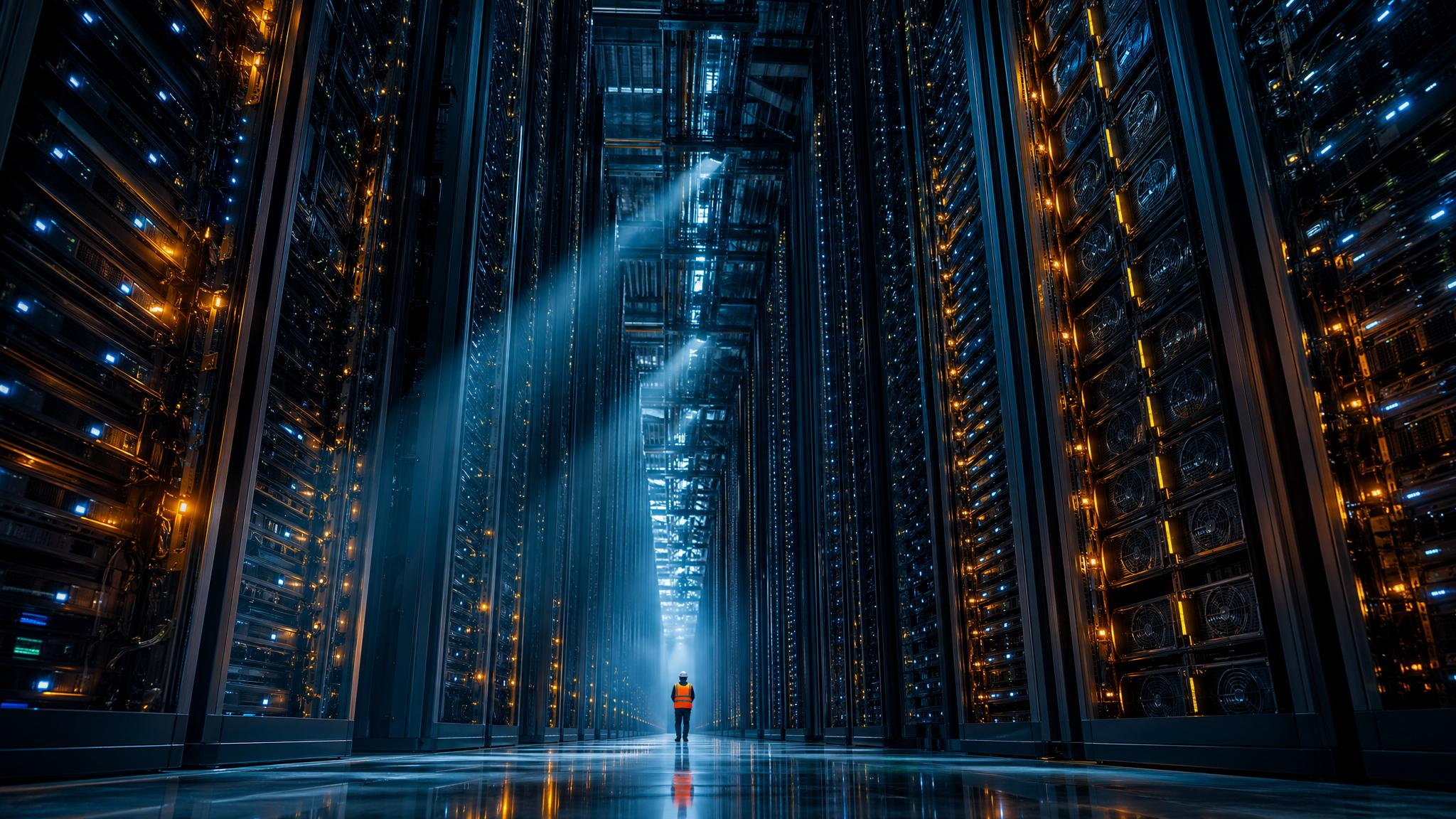 Photorealistic editorial photograph: vast AWS data center corridor stretching to infinity, rows of illuminated server racks in deep blue and amber tones, volumetric light beams cutting through cold in