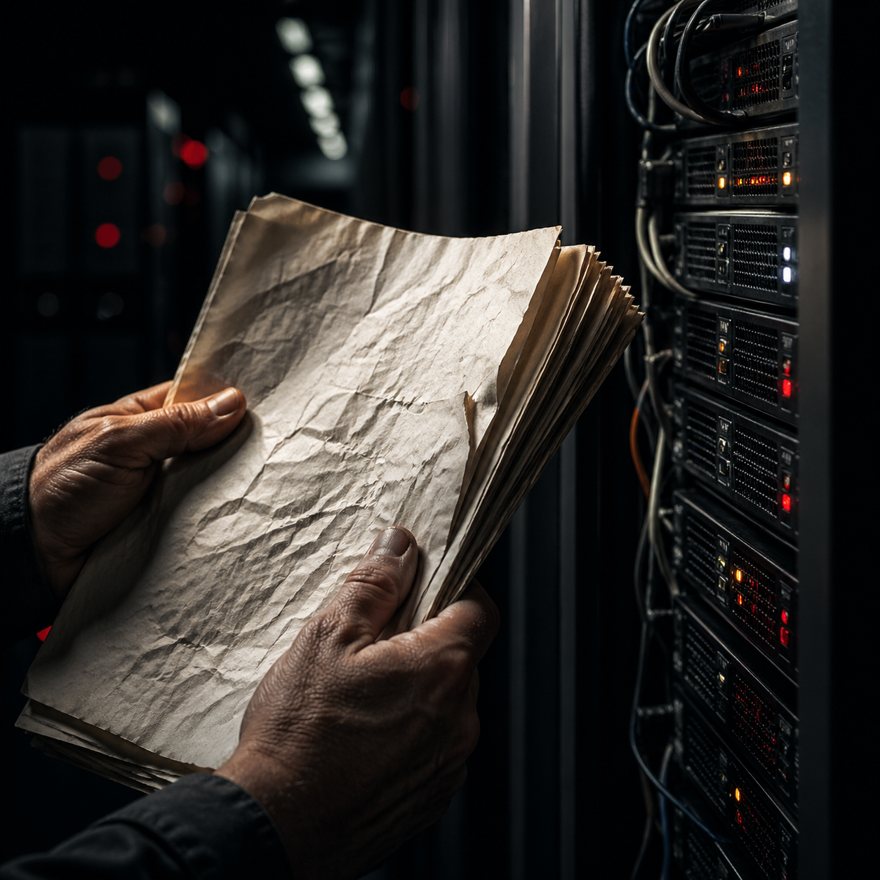 Photorealistic editorial photograph: tension-filled close-up of two hands holding a thick printed legal compliance document beside a standalone server rack, harsh directional side lighting creating de