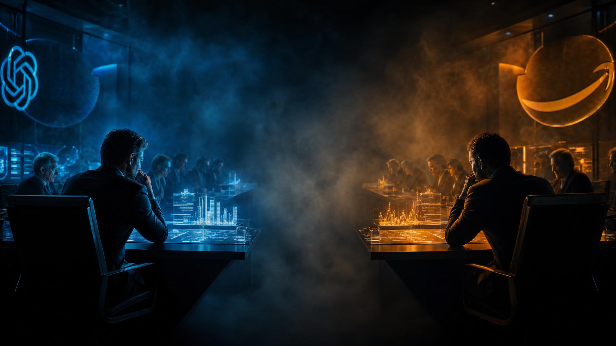 Photorealistic editorial photograph: split-scene tension — two war-room style command centers facing each other in darkness, left side bathed in deep Microsoft azure-blue glow with OpenAI branding sil
