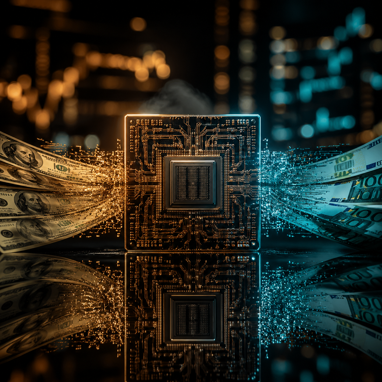 Photorealistic editorial photograph: close-up macro shot of a single gleaming silicon AI processor chip resting on a dark reflective surface, surrounded by cascading paper currency dissolving into str