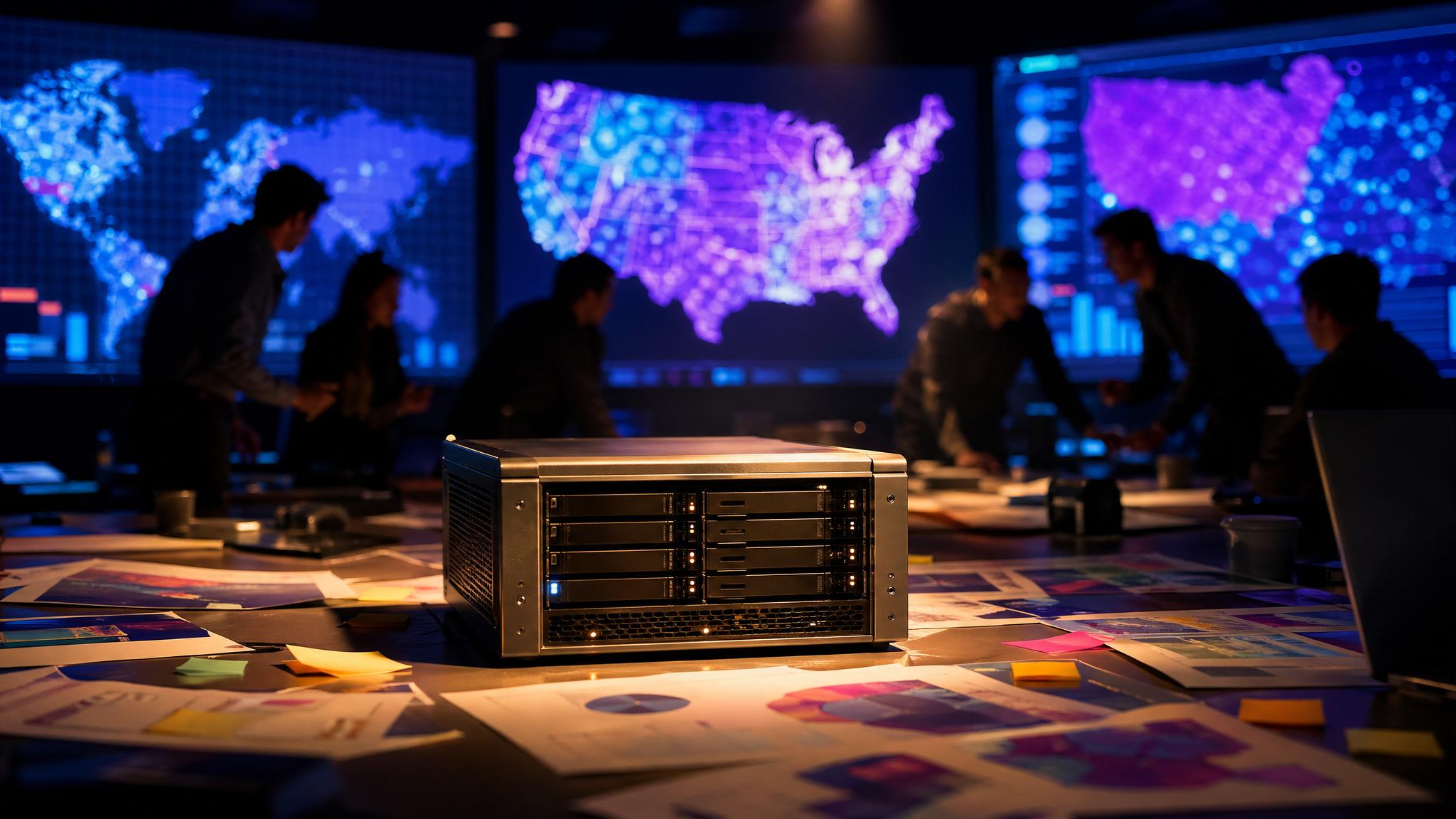 Photorealistic editorial photograph: wide establishing shot of a digital marketing war room at night, three large wall-mounted screens displaying heatmaps and audience segmentation visuals, a compact