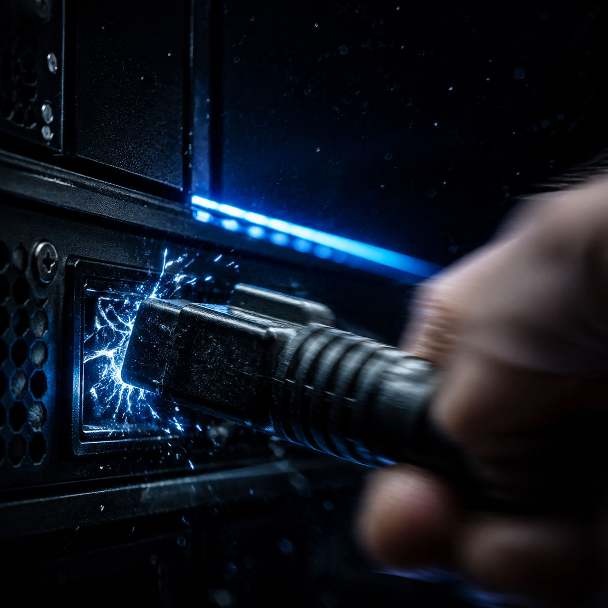 Photorealistic editorial photograph: extreme close-up of a thick black power cable being physically pulled from a matte-black server unit, motion blur on the hand mid-yank, sparks of static electricit