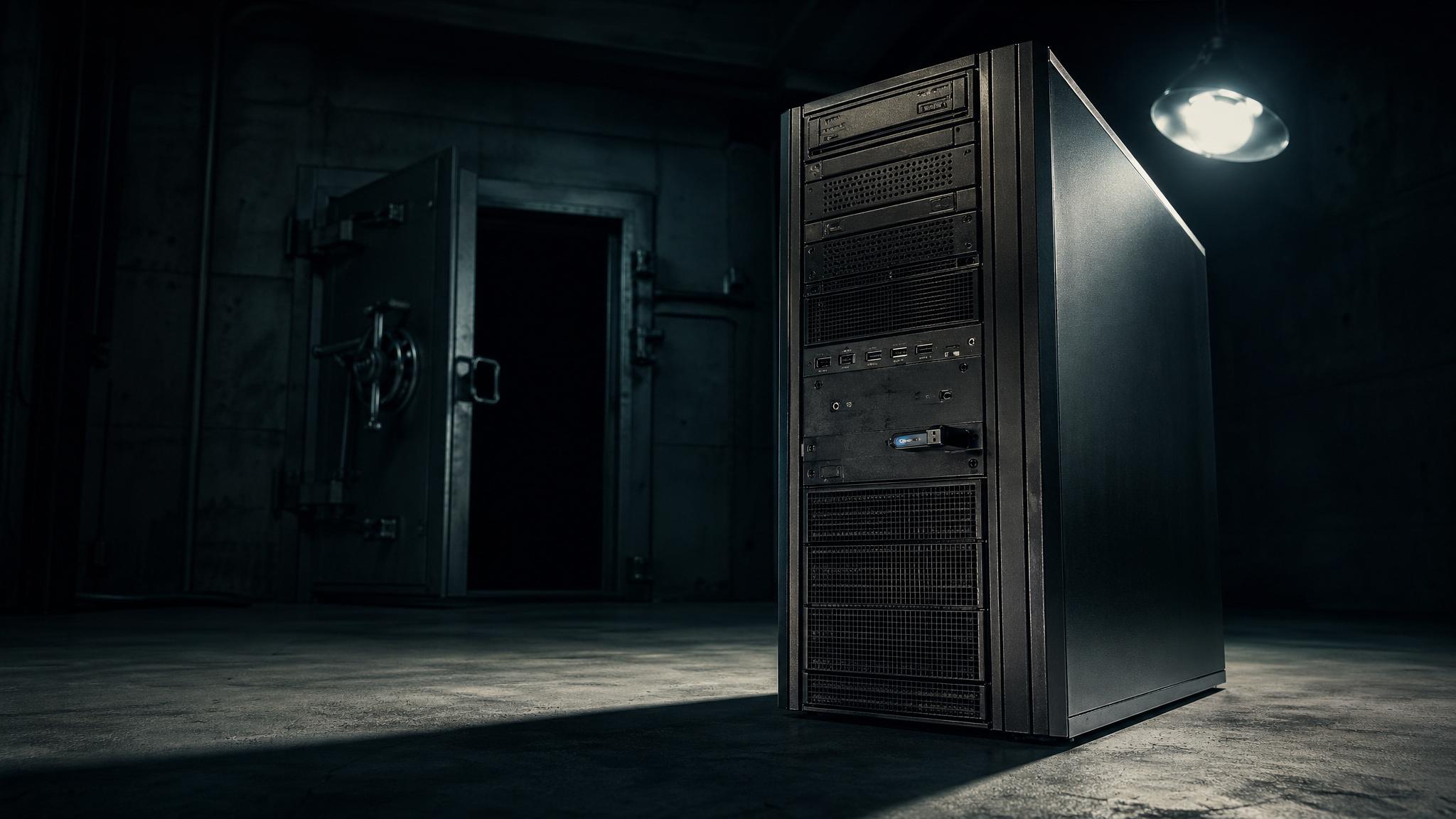 Photorealistic editorial photograph: low-angle wide shot of a solitary server tower standing on a bare concrete floor inside a sealed vault room, heavy steel door ajar in background, zero network cabl