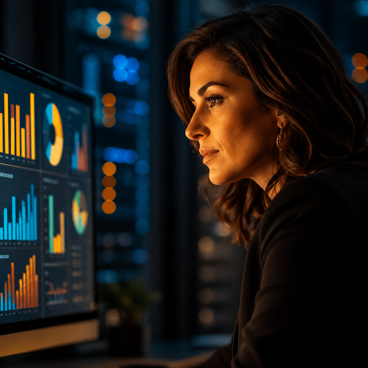 Photorealistic editorial photograph: over-the-shoulder human moment — a focused female marketing director in her late thirties studies a glowing monitor displaying colorful campaign data charts, her e