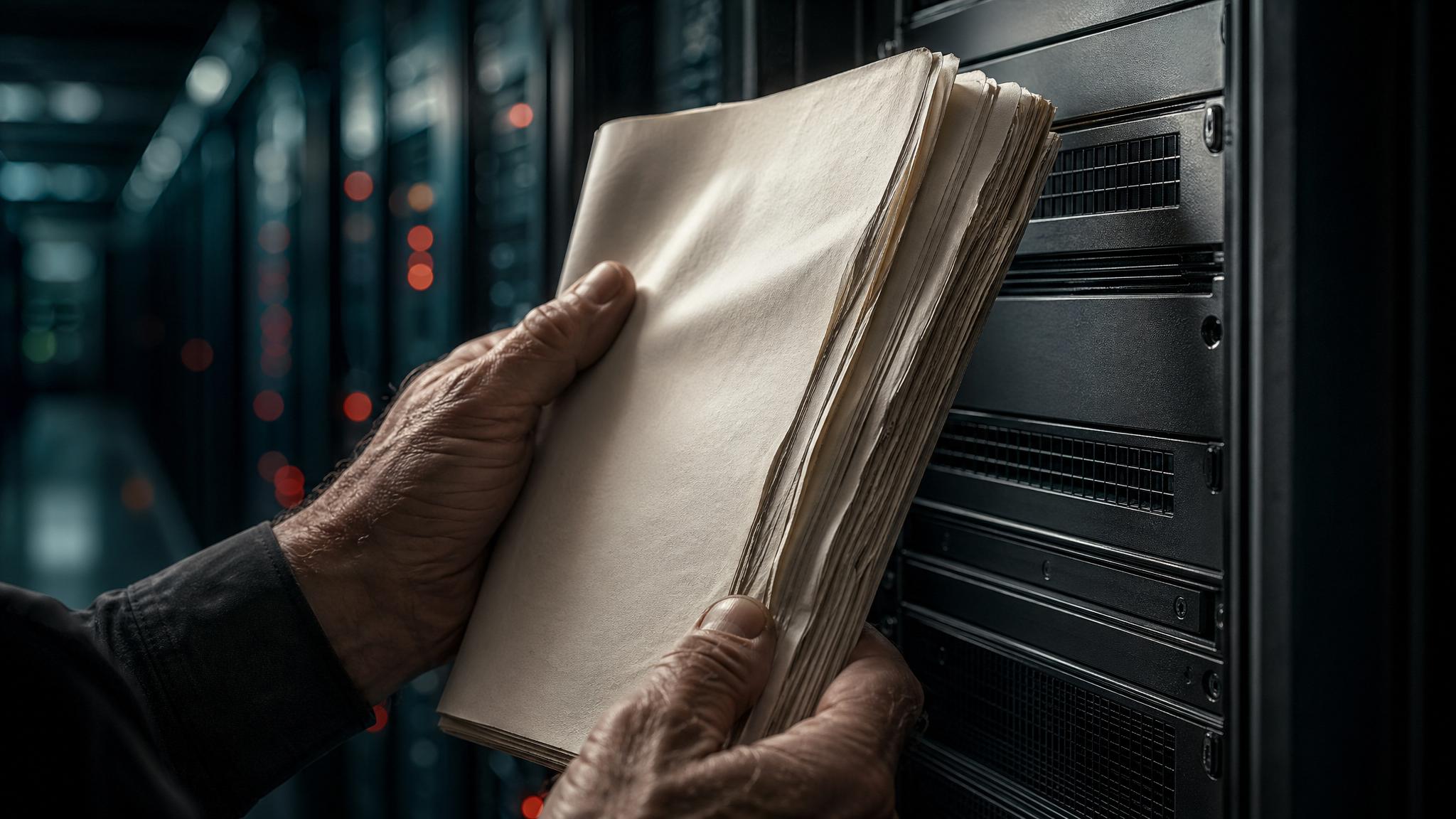 Photorealistic editorial photograph: tension-filled close-up of two hands holding a thick printed legal compliance document beside a standalone server rack, harsh directional side lighting creating de