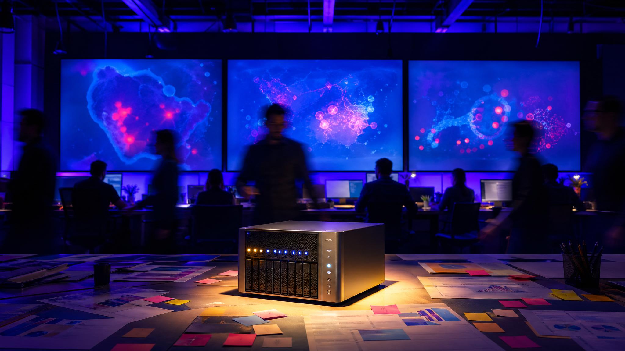 Photorealistic editorial photograph: wide establishing shot of a digital marketing war room at night, three large wall-mounted screens displaying heatmaps and audience segmentation visuals, a compact