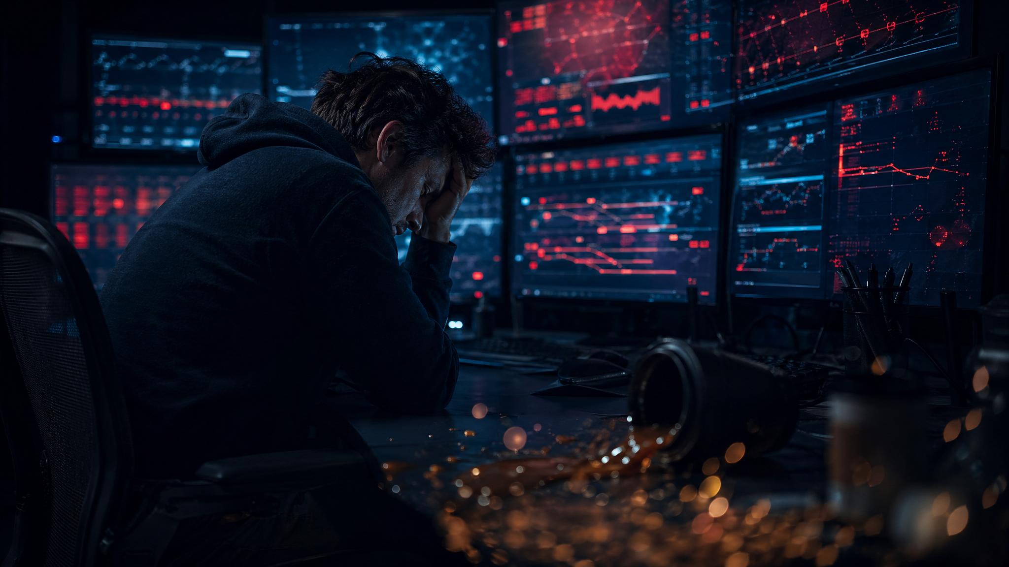 Photorealistic editorial photograph: over-the-shoulder shot of a digital marketing manager hunched at a standing desk at 2am, multiple monitors showing cascading red error dashboards and frozen workfl