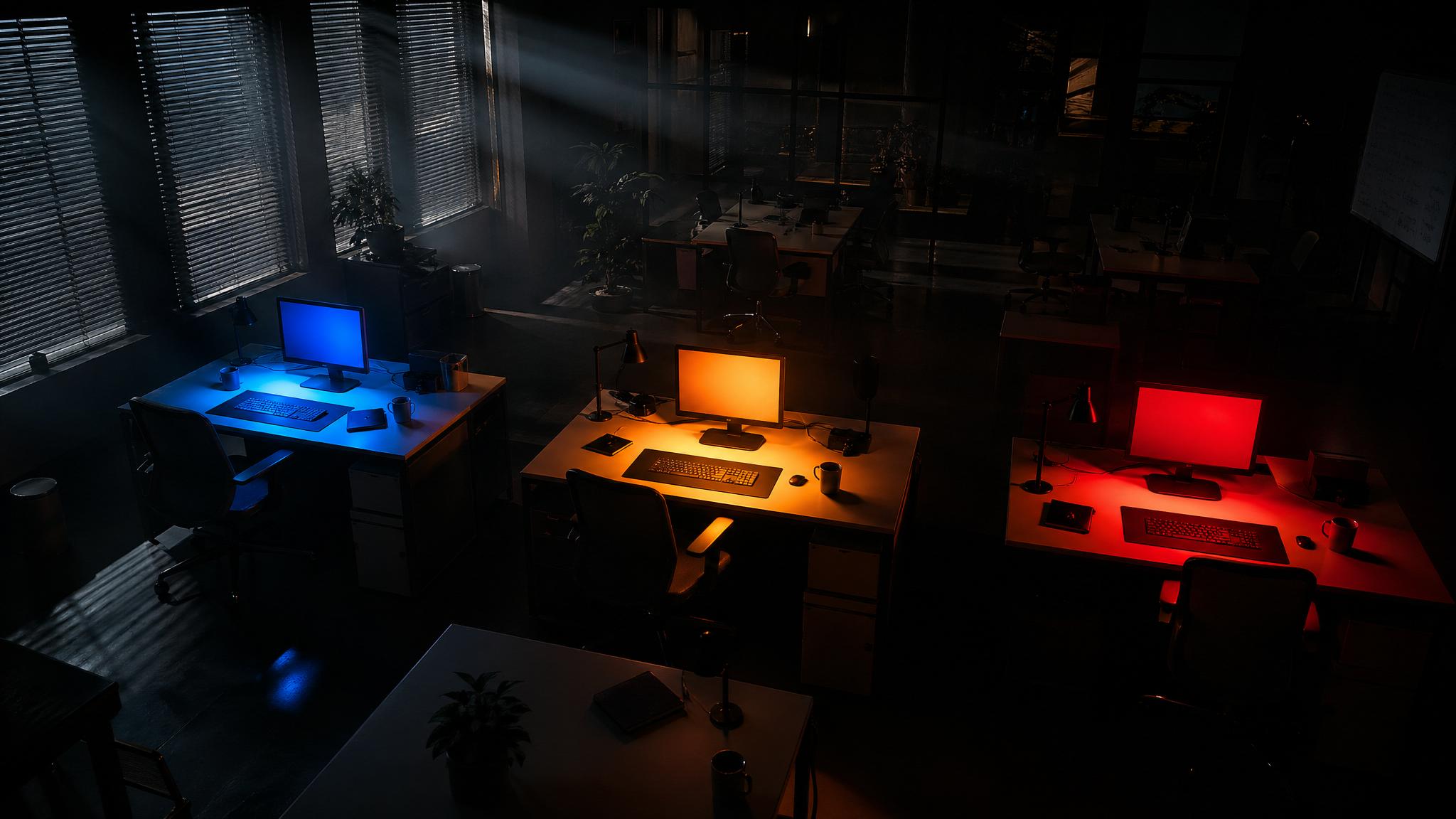 Photorealistic editorial photograph: wide establishing shot of a dimly lit open-plan development office at 2am, three separate monitors on adjacent desks each casting different colored glows — blue, a