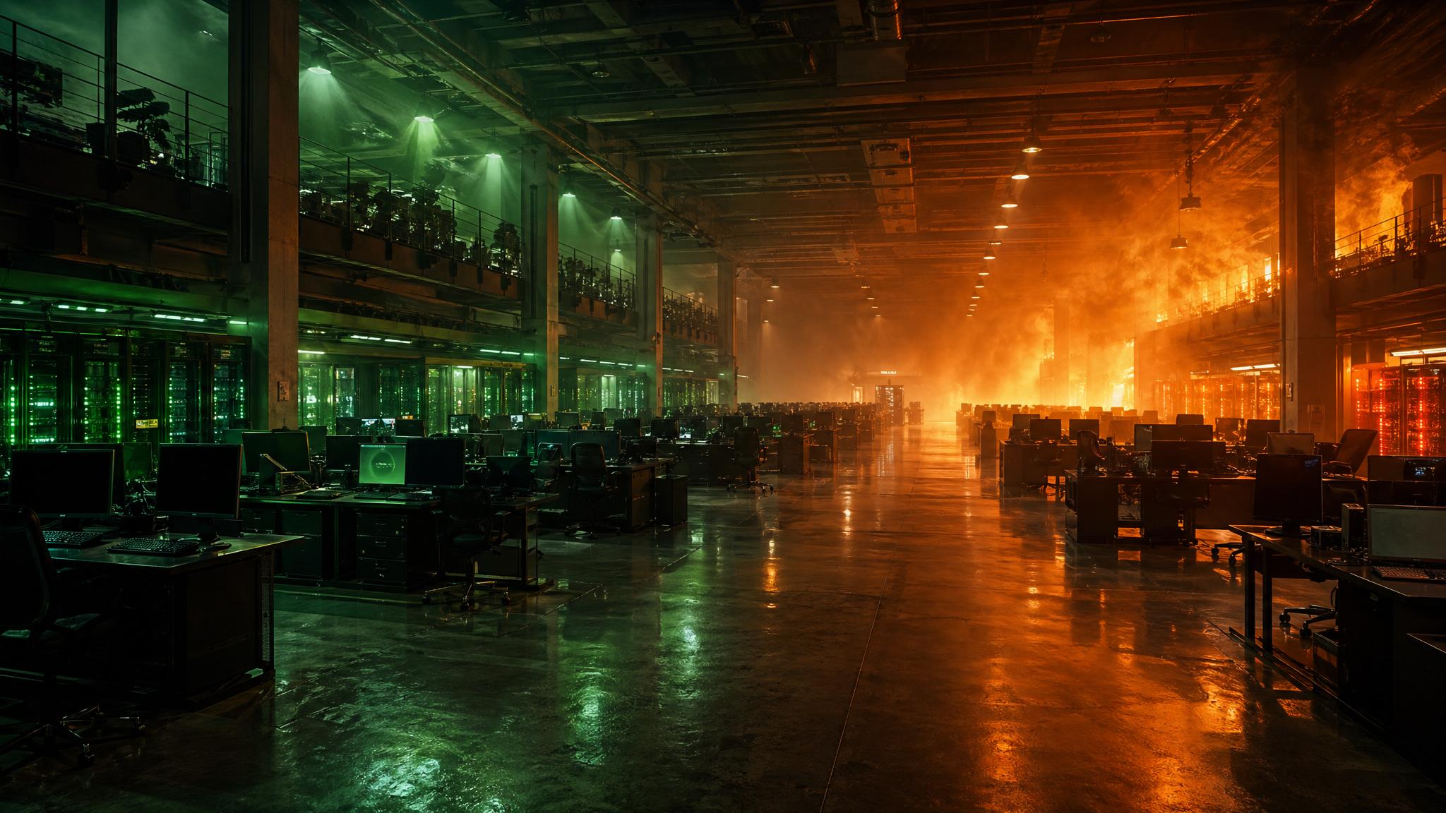 Photorealistic editorial photograph: wide establishing shot of a modern enterprise operations floor, half the workstations bathed in green status light while the far half glows urgent amber, a clear v