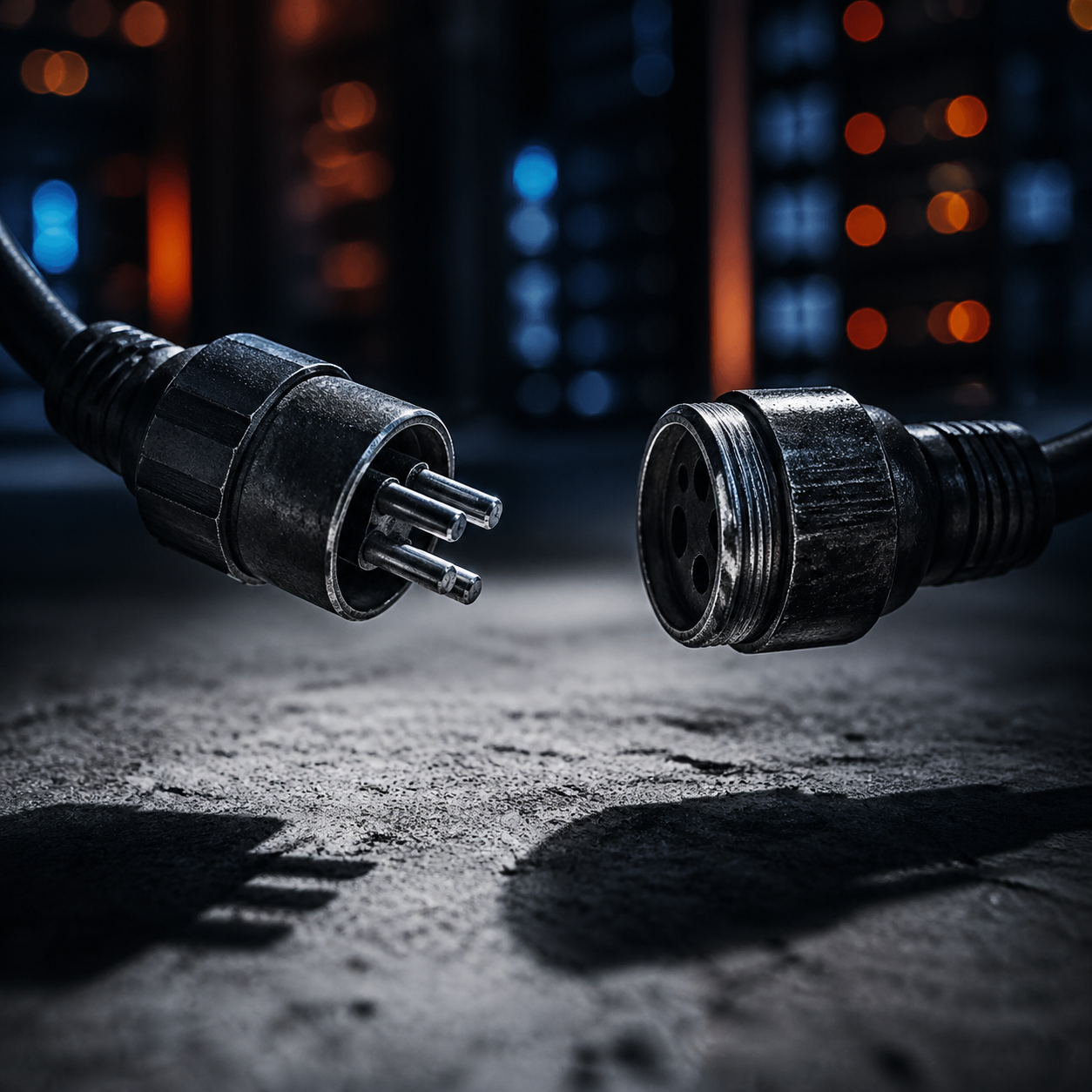 Photorealistic editorial photograph: dramatic close-up of two disconnected industrial cable plugs hovering inches apart, neither connecting, harsh rim lighting from below casting sharp shadows on conc