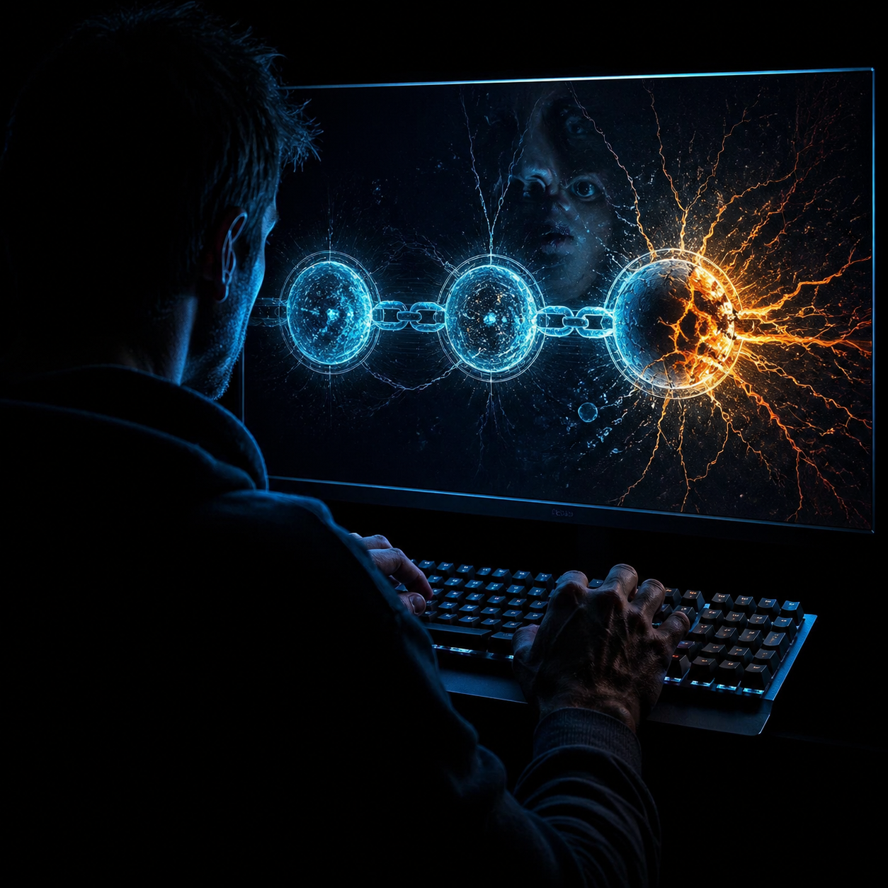 Photorealistic editorial photograph: dramatic over-the-shoulder human moment — a lone security researcher's hands frozen mid-typing above a mechanical keyboard, on-screen a cascading chain diagram of