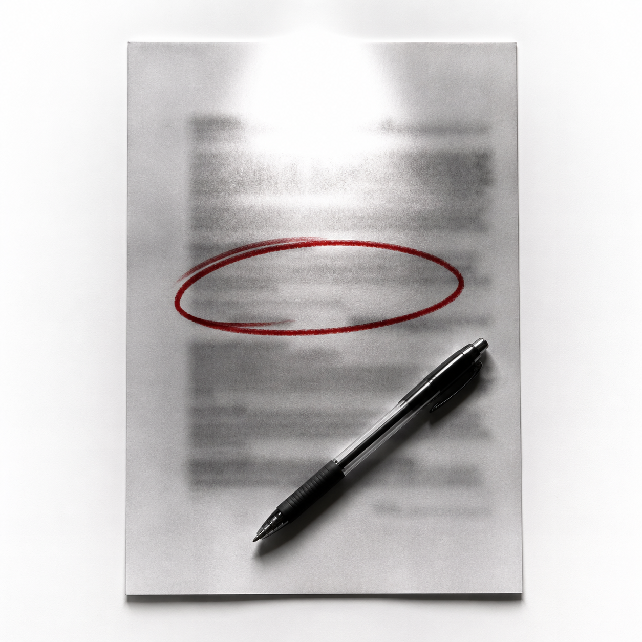 Photorealistic editorial photograph: close-up detail of a single printed system card document on a stark white desk under harsh overhead spotlight, one paragraph circled aggressively in red marker wit