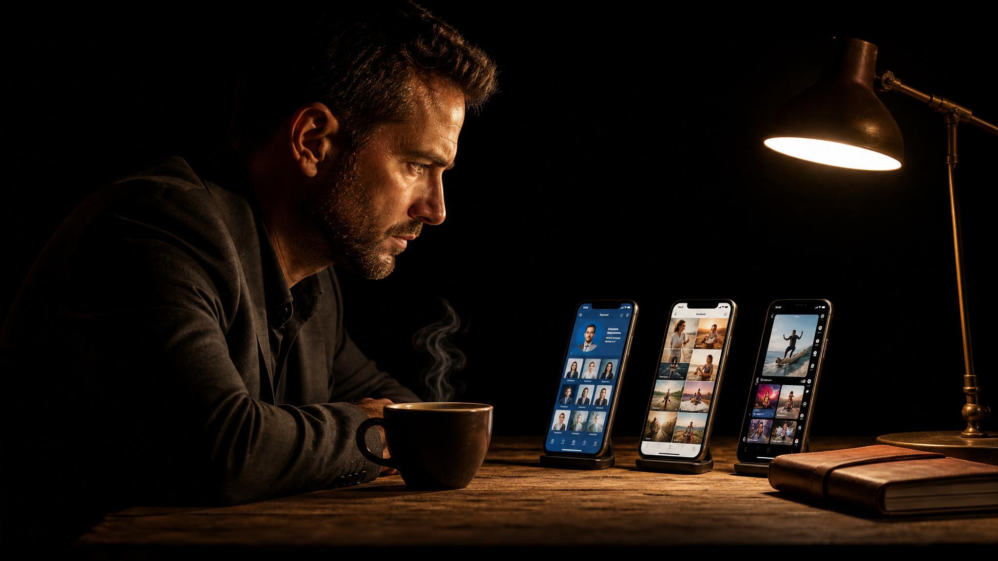 Photorealistic editorial magazine cover photograph: a focused entrepreneur at a real wooden desk, three smartphones displaying LinkedIn, Instagram, TikTok screens simultaneously, a single warm tungste
