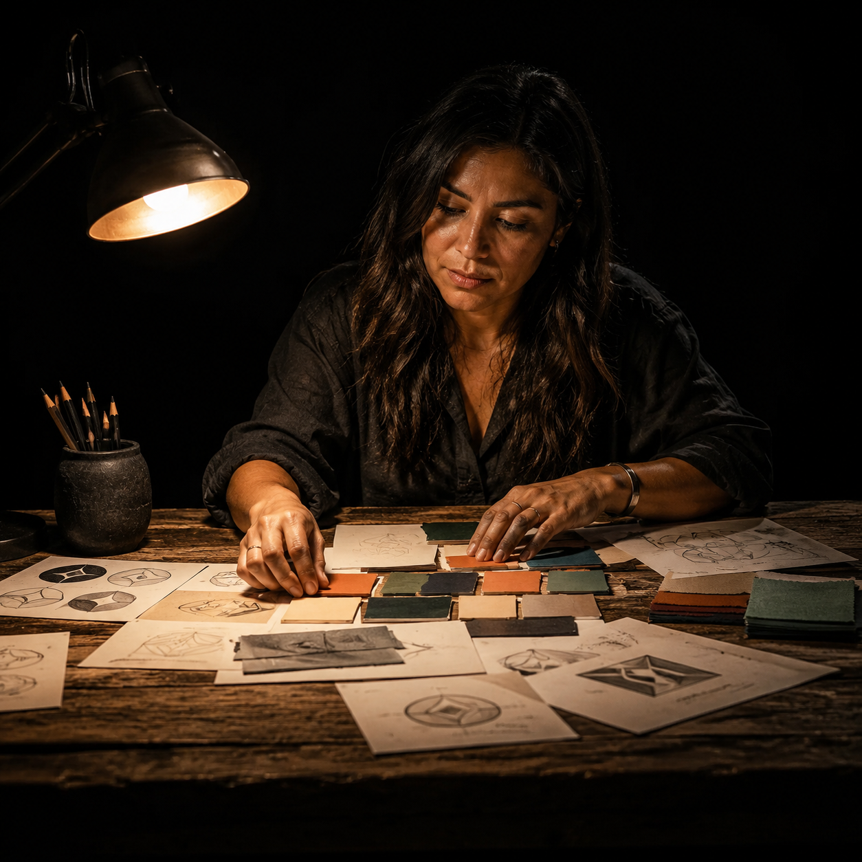 Photorealistic editorial magazine cover photograph: a focused Latina woman in her 30s seated at a wooden desk centered in frame, arranging physical brand identity cards — color swatches, typography sh