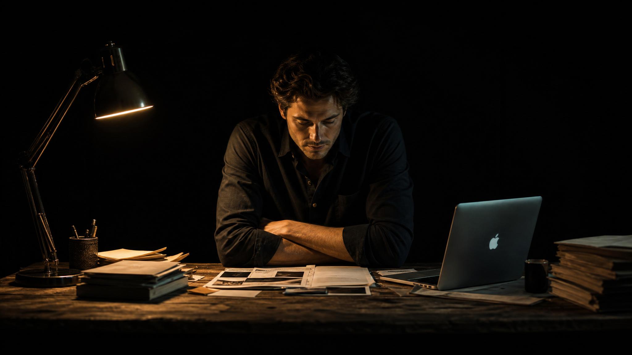 Photorealistic editorial magazine cover photograph: a lone founder in a dark oxford shirt seated centered at a raw wood desk, a single warm tungsten desk lamp casting hard rim light across one shoulde