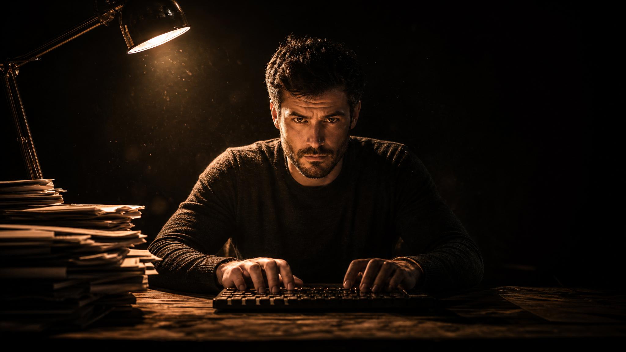 Photorealistic editorial magazine cover photograph: a focused professional man in his 30s sits centered at a real wooden desk, hands resting on a mechanical keyboard, eyes locked forward with visible
