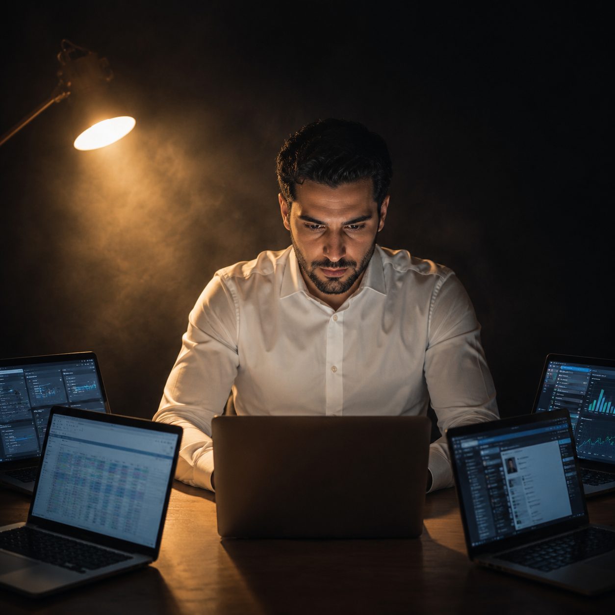 Photorealistic editorial magazine cover photograph: a lone male Arab professional in a crisp white dress shirt seated at a sparse wooden desk, centered at slight low angle, surrounded by five differen