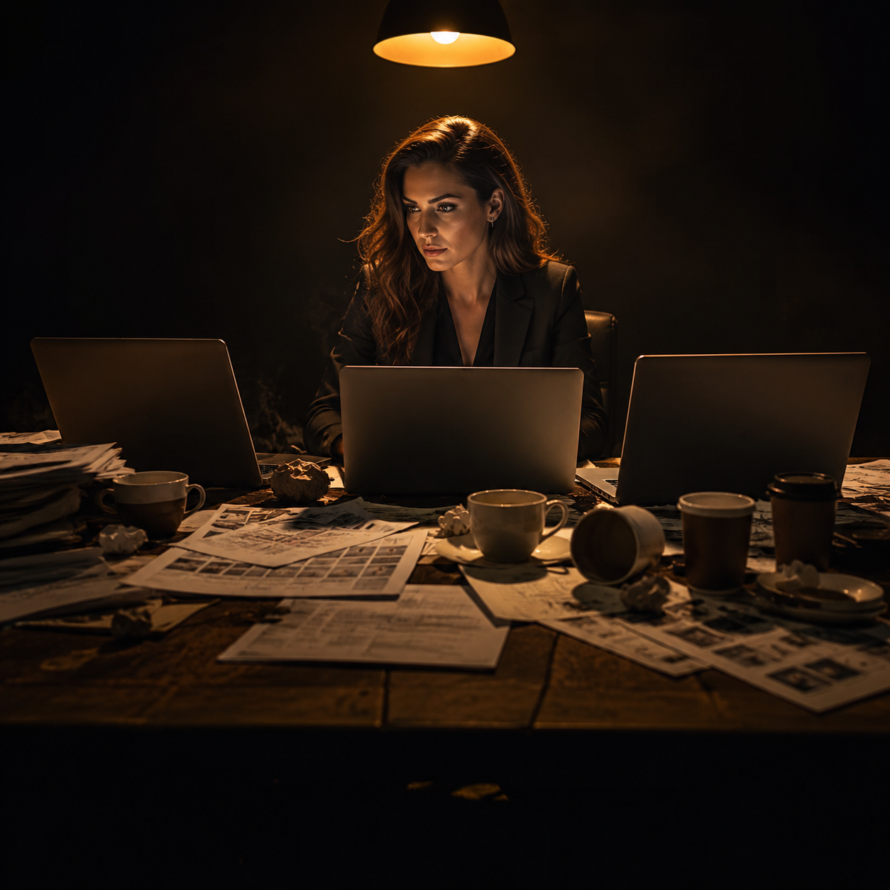 Photorealistic editorial magazine cover photograph: a sharp-dressed professional woman seated alone at a cluttered wooden desk, three open laptop screens casting warm tungsten light on her focused fac